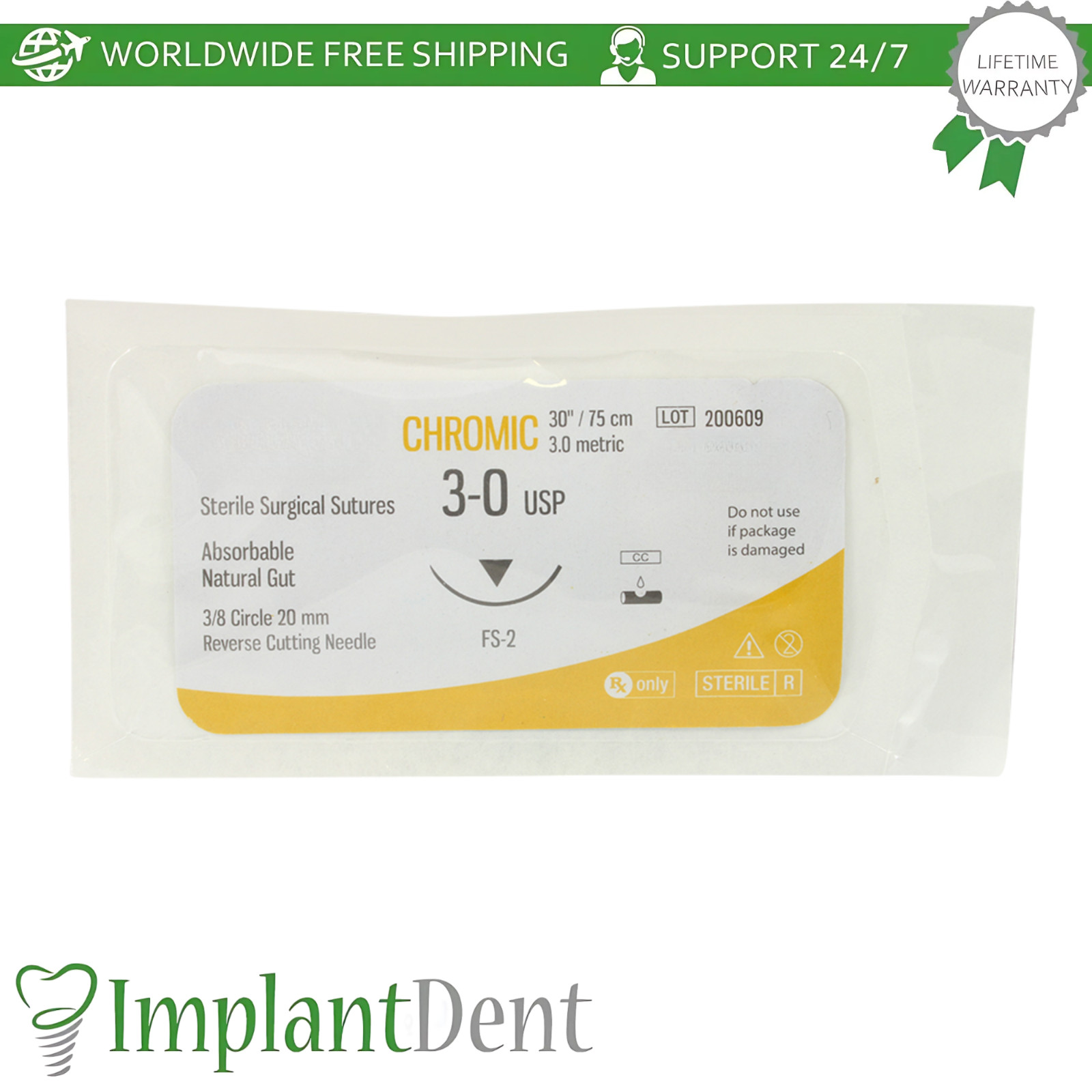 Mon0fiIament Dental CHR0MlC Thread Collagen 12pcs 3/8 Circle 20.0mm Reverse