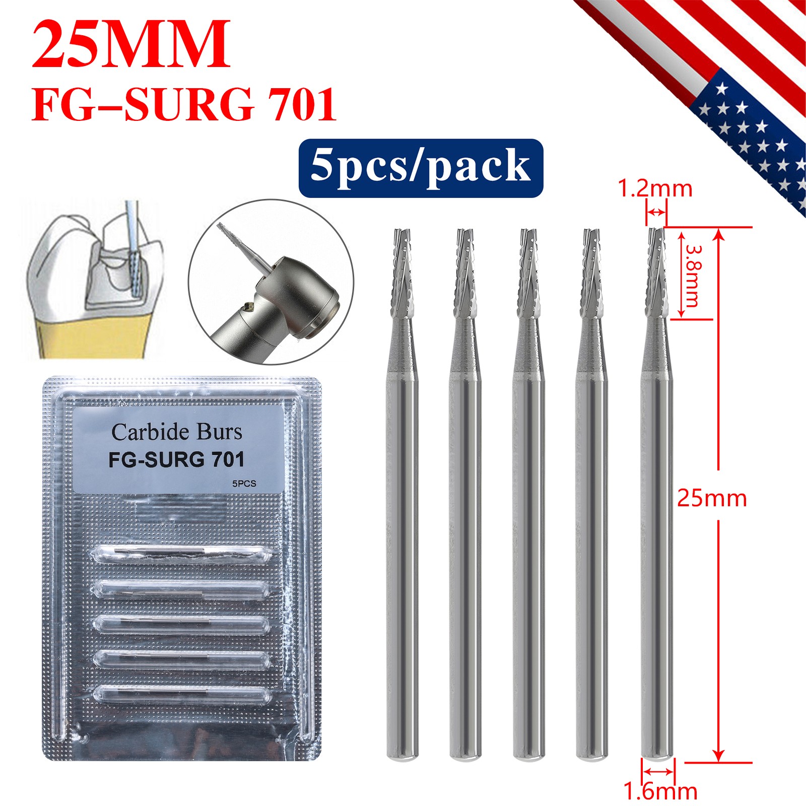 5pcs FGXL-701L Dental Surgical Carbide Burs 25mm Tapered Fissure Cross Cut