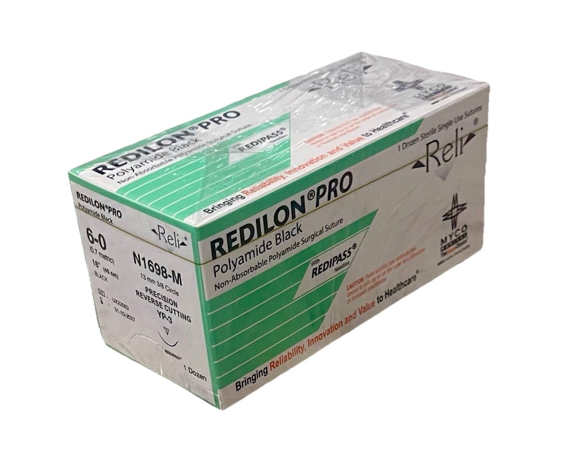 Reli Redilon Pro 6-0 Nylon Suture N1698-M 13mm 3/8 RC YP-3 Exp 2027 12ct