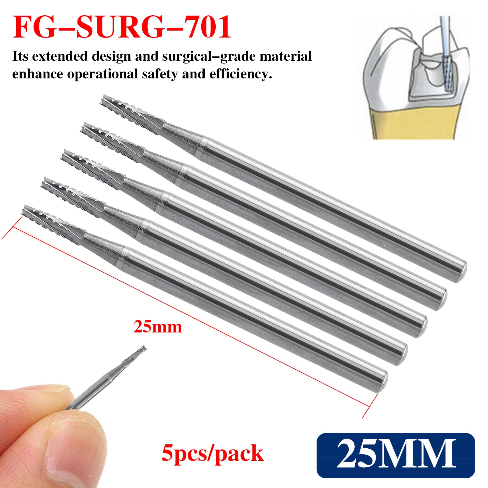 5pcs FGXL-701L Dental Surgical Carbide Burs 25mm Tapered Fissure Cross Cut