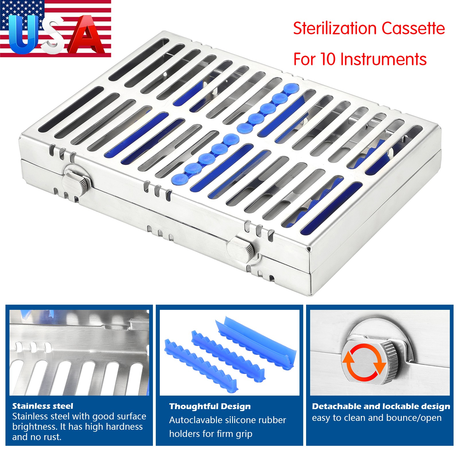 Dental Autoclave Sterilization Cassette Rack Box Tray For 10 Instrument