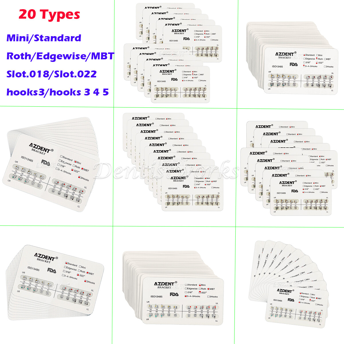 20 kits AZDENT Dental Ortho Metal Brackets Mini Standard, Roth/MBT, Slot.022/018