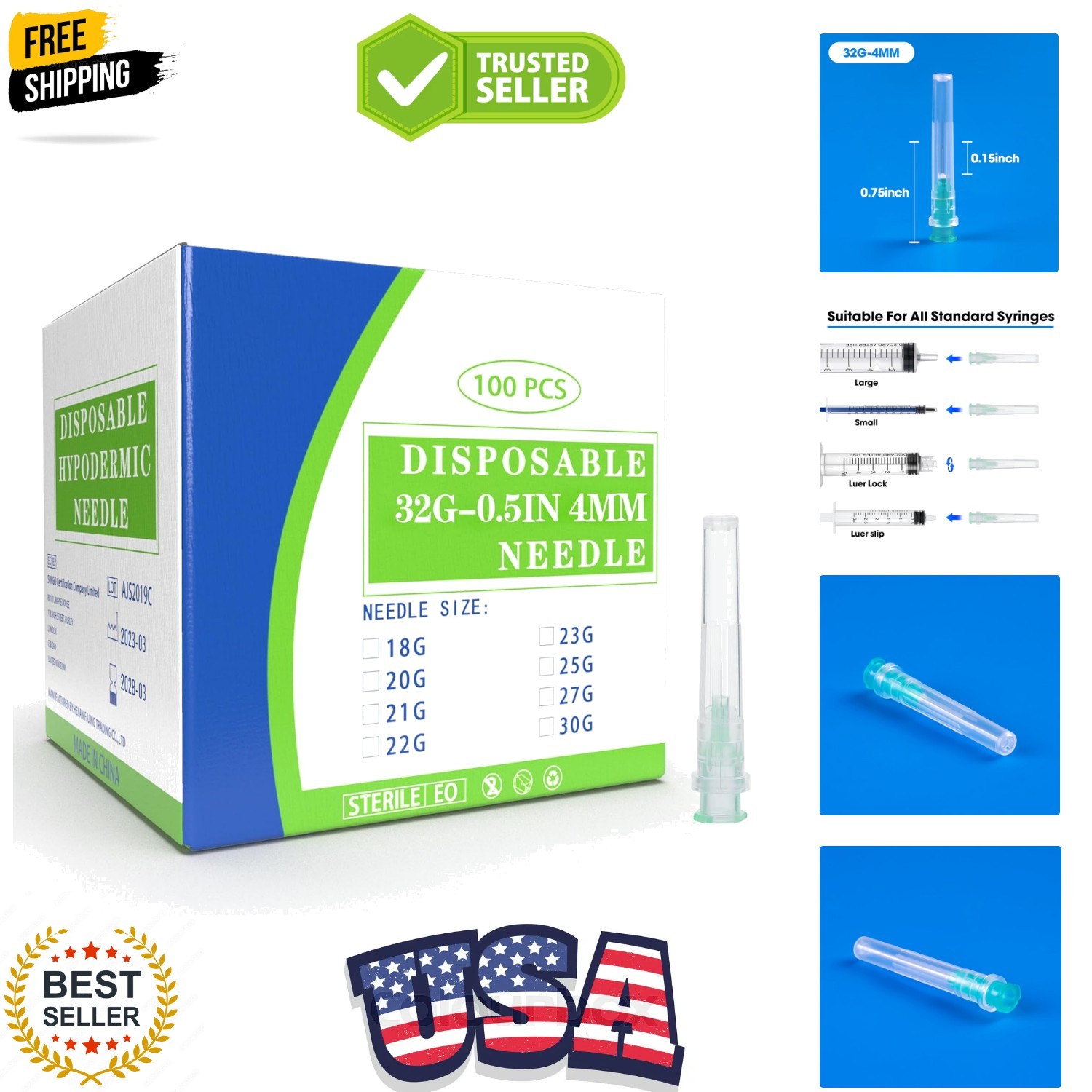 100 Pack 32 Ga 4mm Disposable Needles with Caps for Scientific and Industrial…