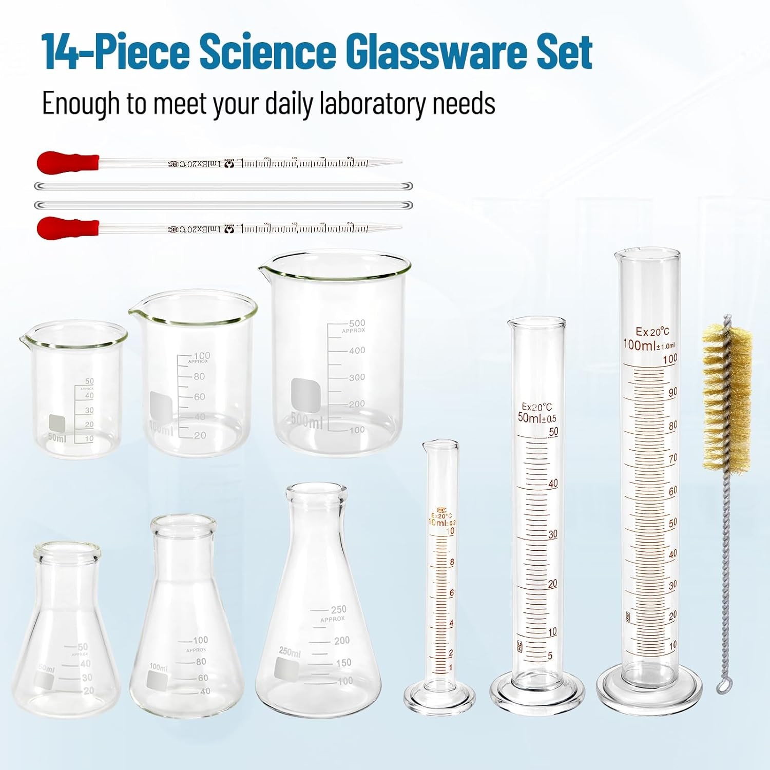 14Pcs/11Pcs Lab Flask Glass Measuring Beaker 10/50/100ml Graduated Cylinder Kit
