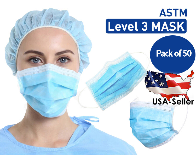 50 PCS Face Mask MEDICAL Surgical ASTM LEVEL 3 Dental Disposable Mouth Cover Ear