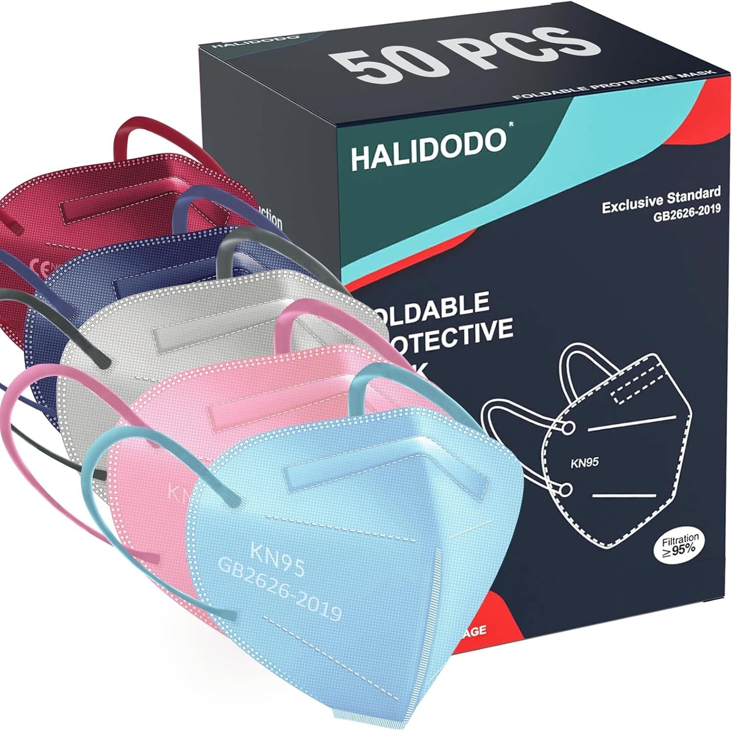 HALIDODO 50 Packs KN95 Face Mask, Disposable 5-Ply Breathable & Comfortable Filt