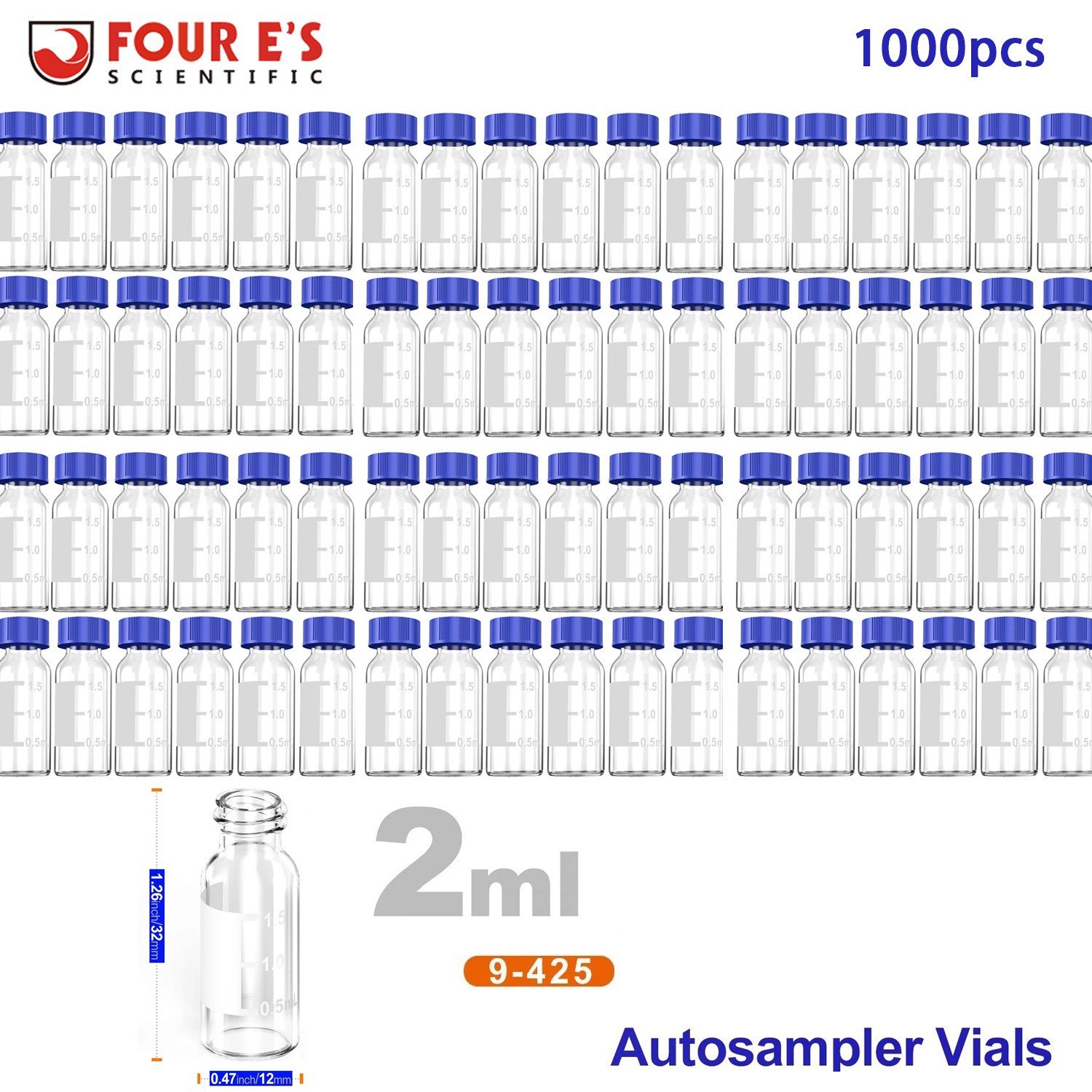 1000Pcs 2ml Autosampler Vial Glass Sample vials Lab Vial HPLC GC w/ Screw Caps