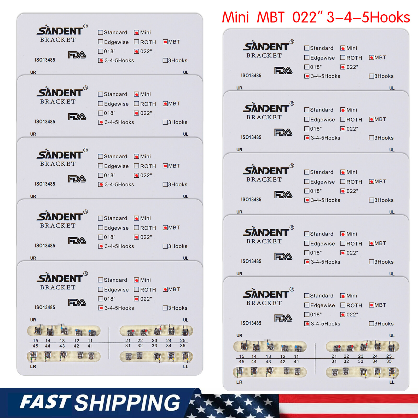 10 Packs/200pcs Orthodontics Metal Mini MBT 022 Slot Bracket 345 Hooks USA ark