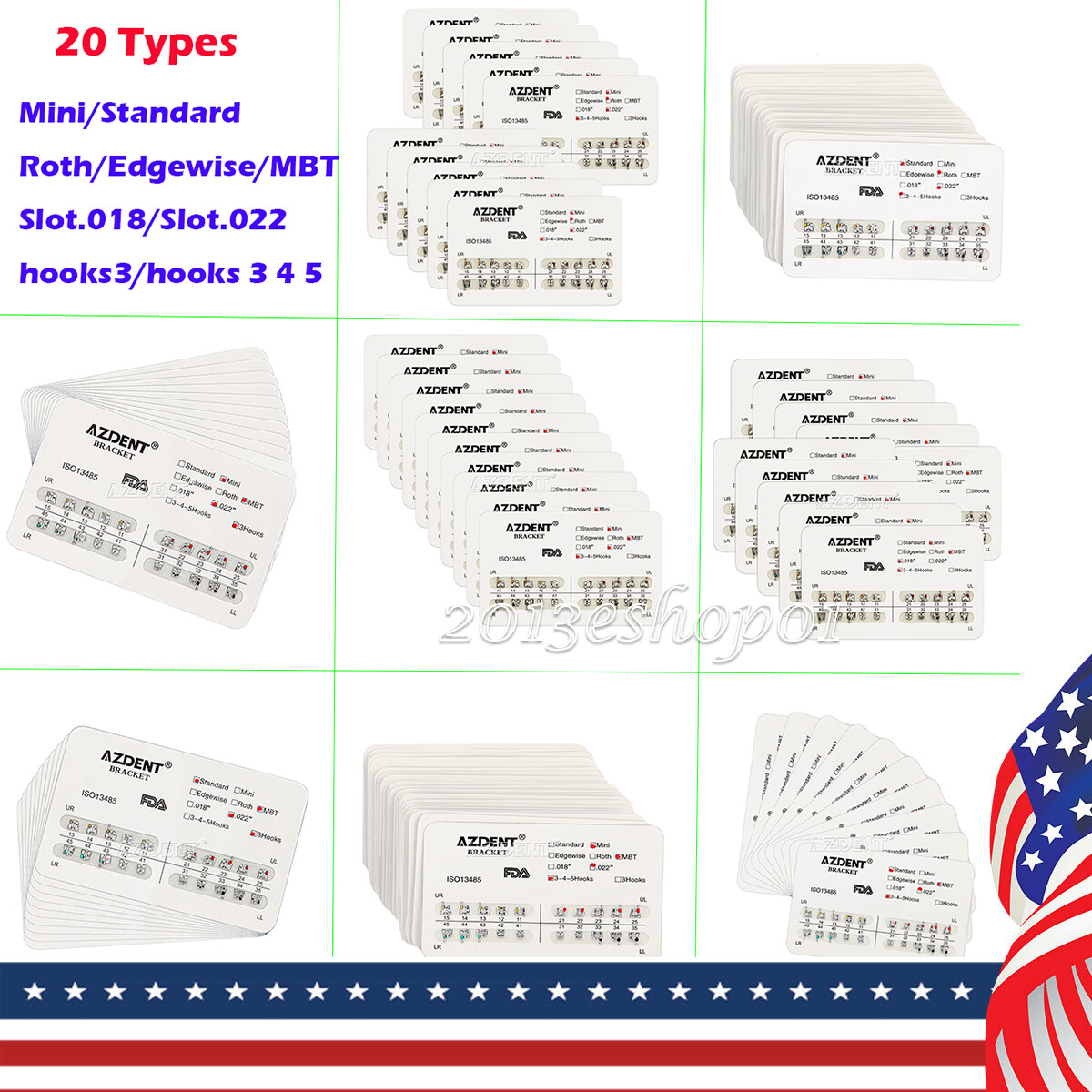 AZDENT 10X Dental Ortho Brackets Mini/Standard MBT/Roth Hooks 3 4 5/Bonding kit