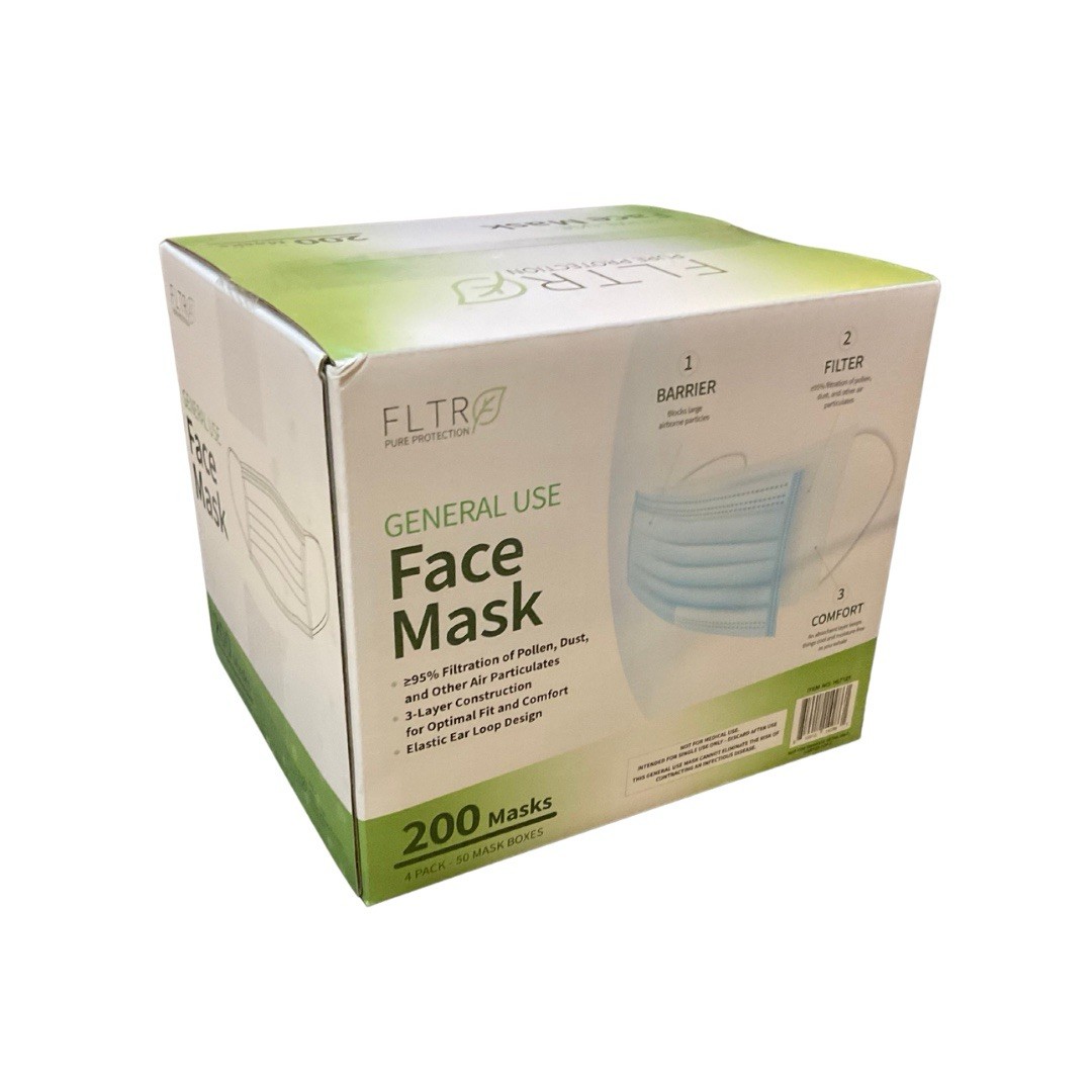 FLTR General Use Face Masks 200 Pack | Disposable 3-Ply Masks with Ear Loops