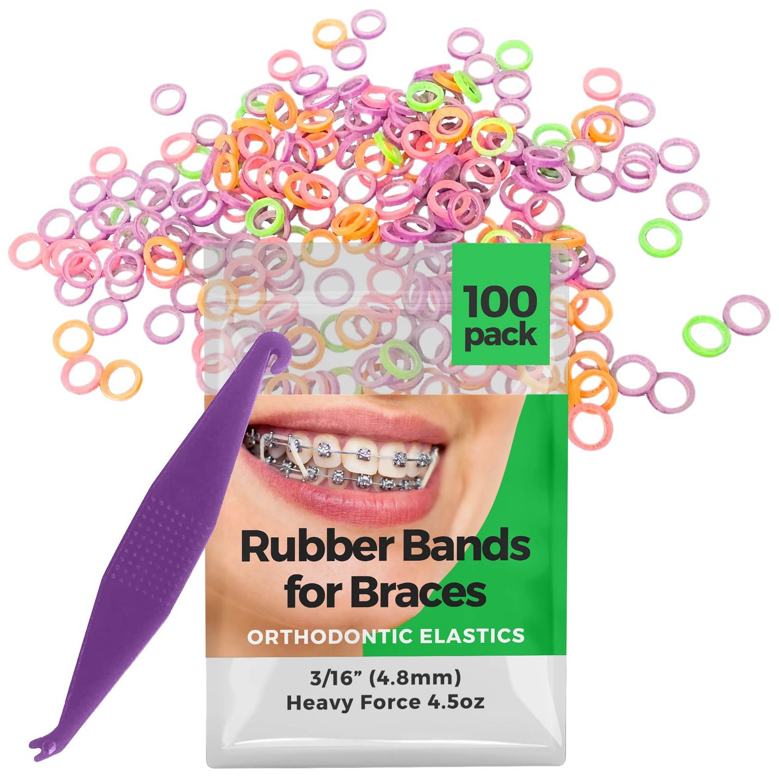 3/16 Inch Orthodontic Elastic Rubber Bands, 100 Pack, Neon, Heavy 4.5 Ounce