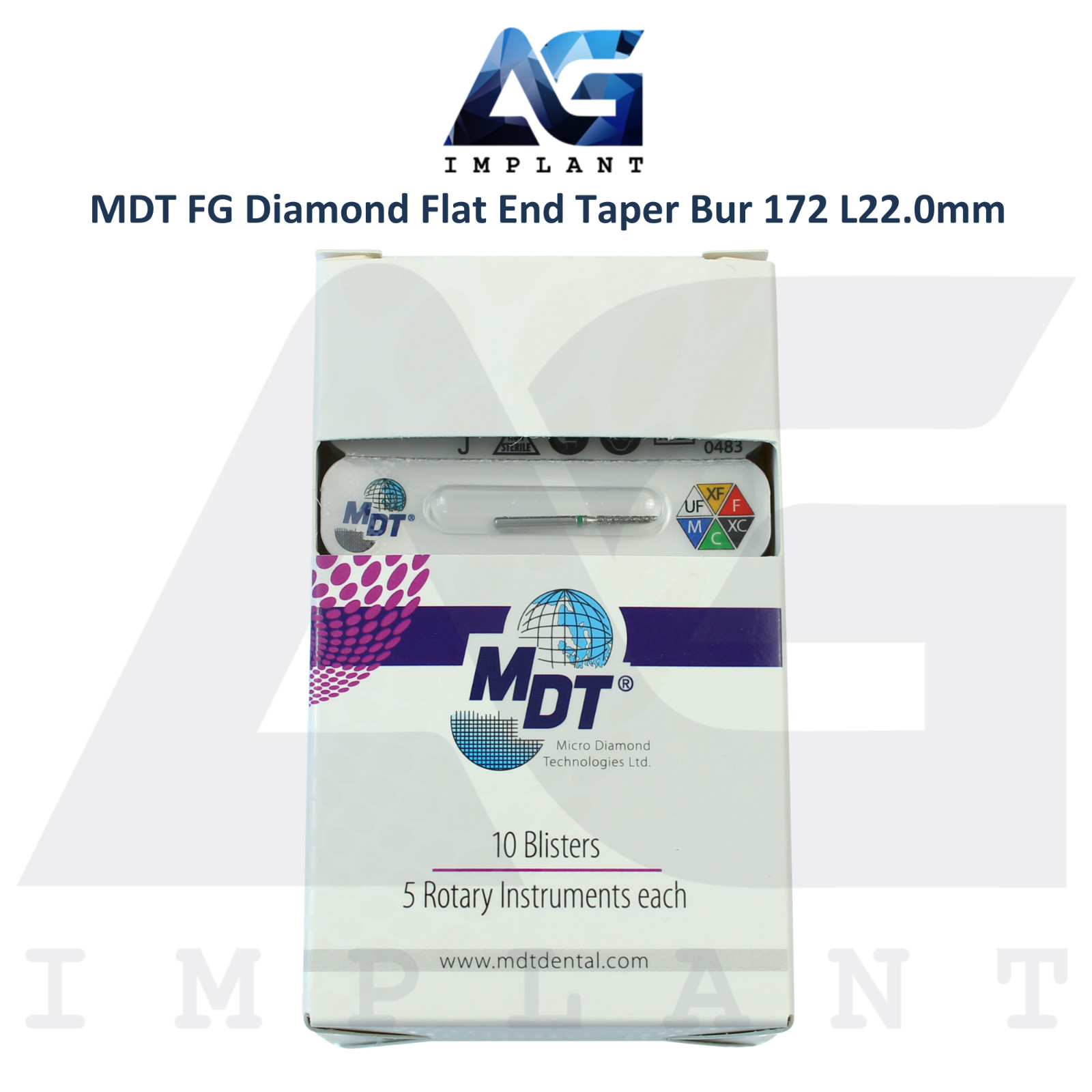 MDT Dental FG Diamond Coated Flat End Taper Burs 172 L22.0mm Crown Preparation