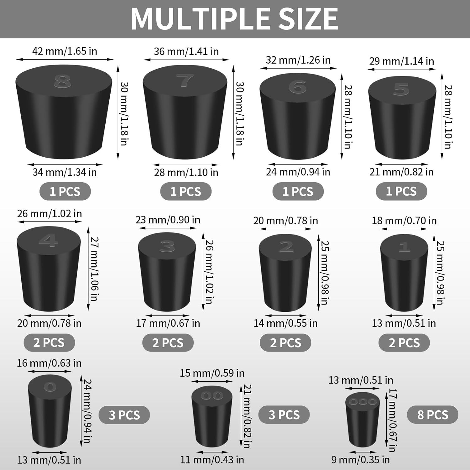 26 PCS Solid Rubber Stoppers, 11 Assorted Sizes(000# – 8#) Tapered Lab Bungs …