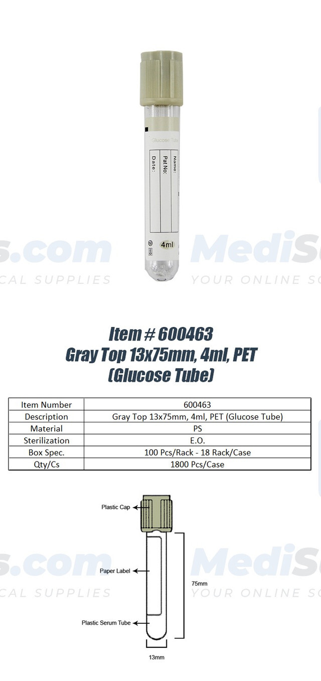 Vacuum Blood Collection Tube (Glucose Tube), 13 x 75mm, 4ml, Gray Top, Exp 02/24
