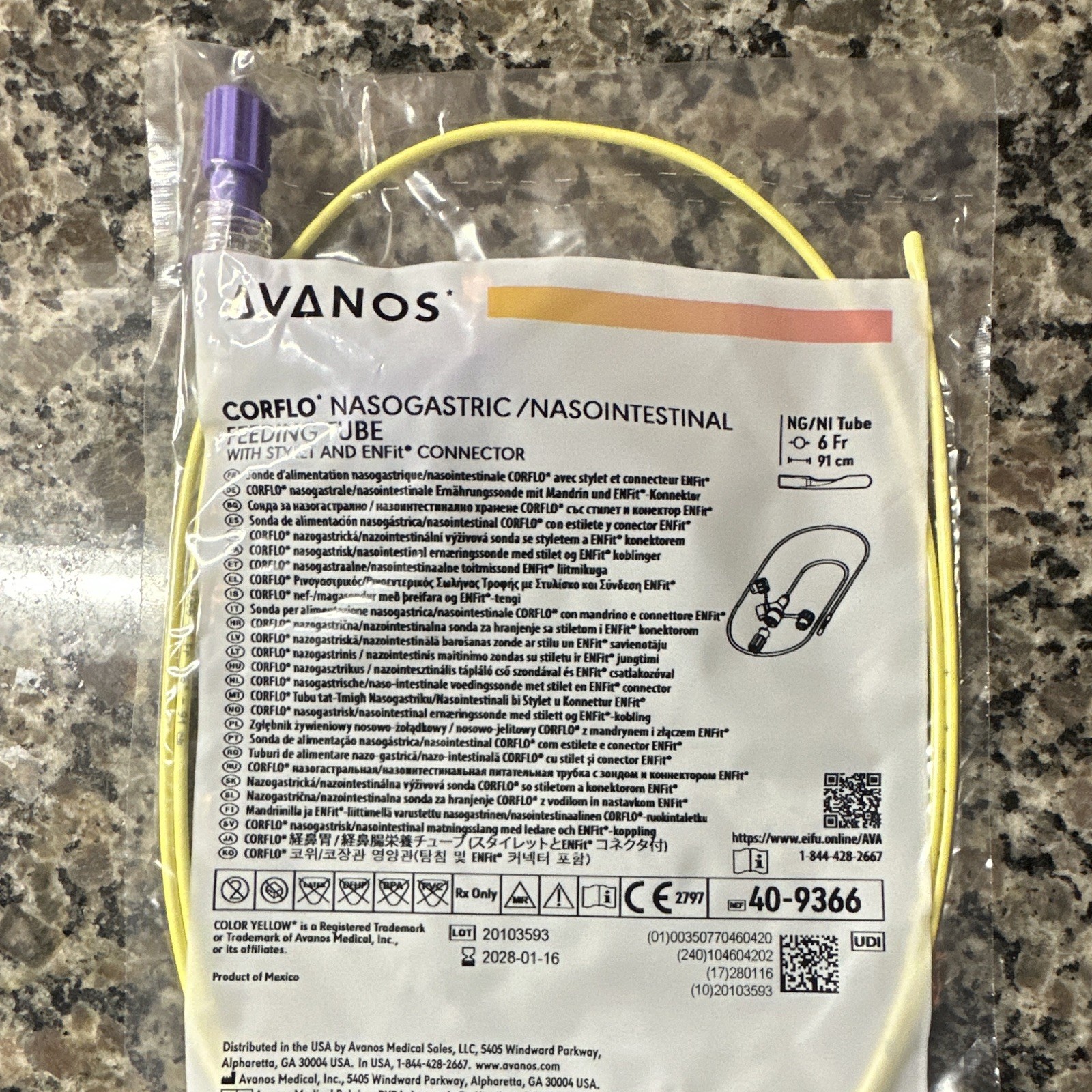 Avanos Corflo Nasogastric Feeding Tube Stylet Enfit Connector 6Fr/91cm Child