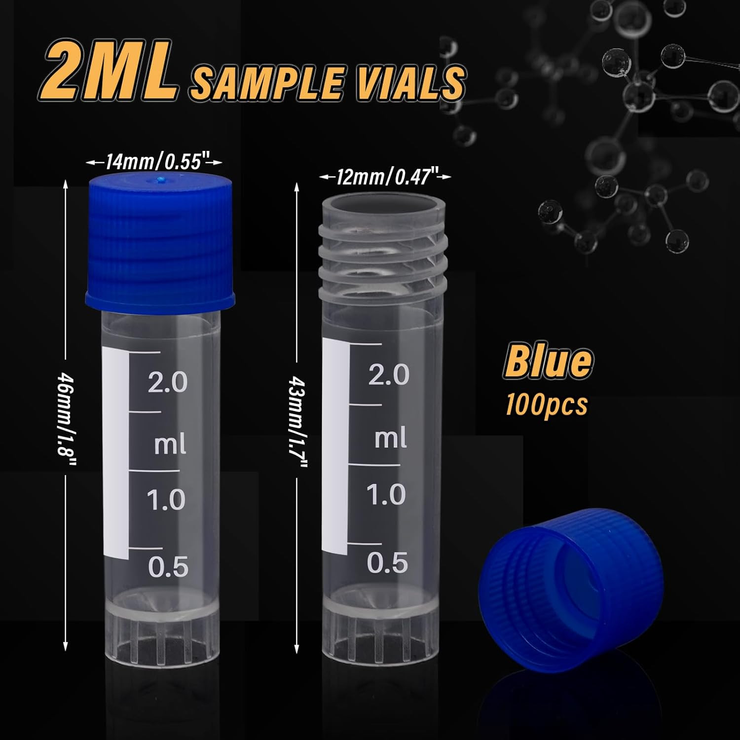 100 Pcs 2Ml Small Vials with Screw Caps Centrifuge Tubes Plastic Sample Tubes Cr