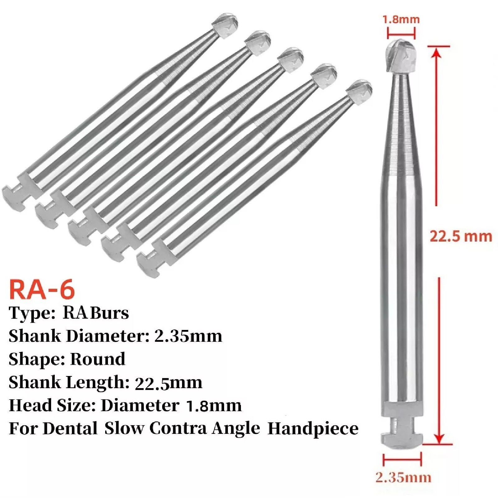 5 Pcs/Pack Dental 22.5mm Round Carbide Bur Slow Speed Latch Type RA6 Burs USA