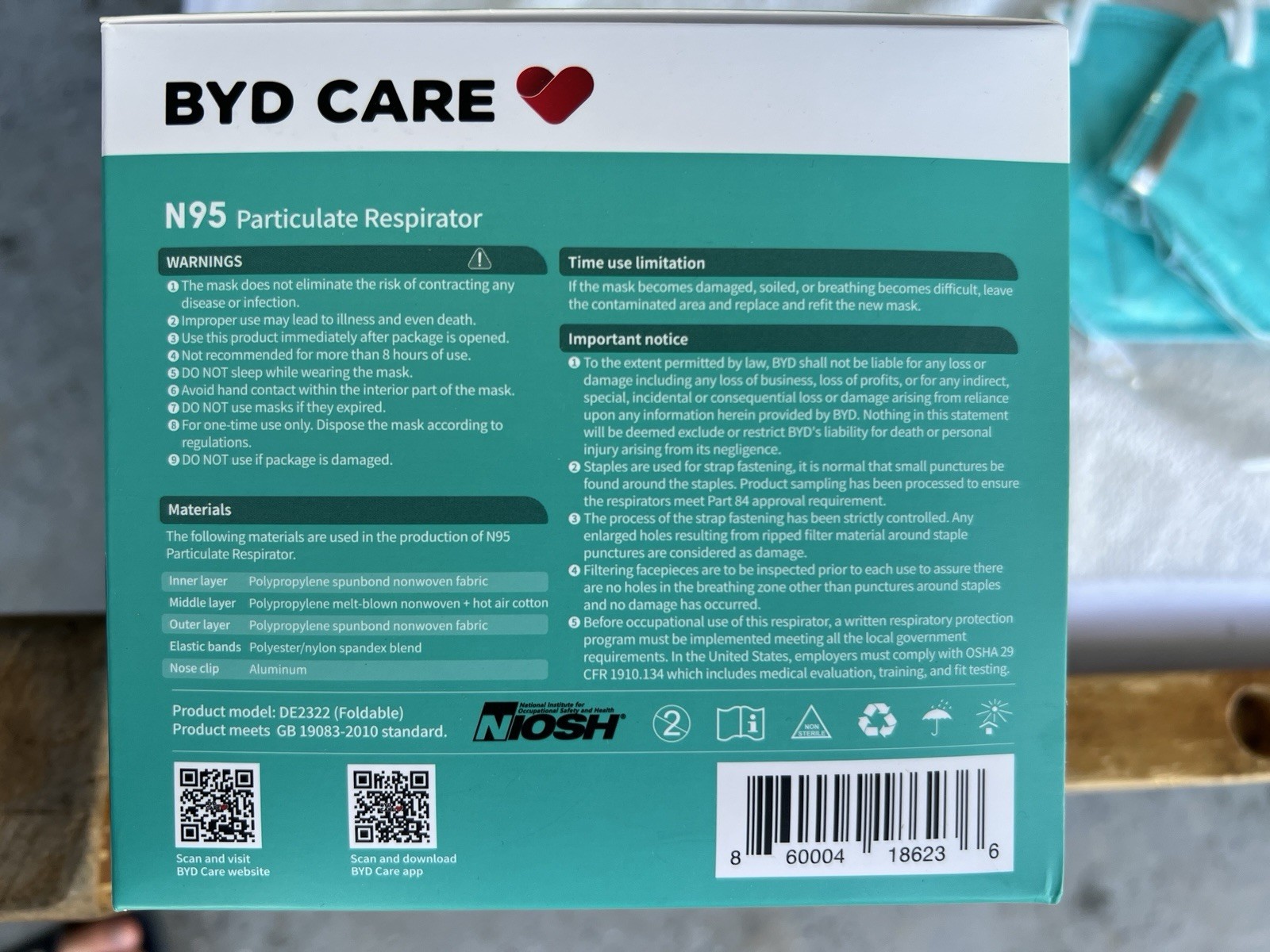 20 Facemasks BYD N95 Particulate Respirator-NIOSH Approved-Individually Sealed.