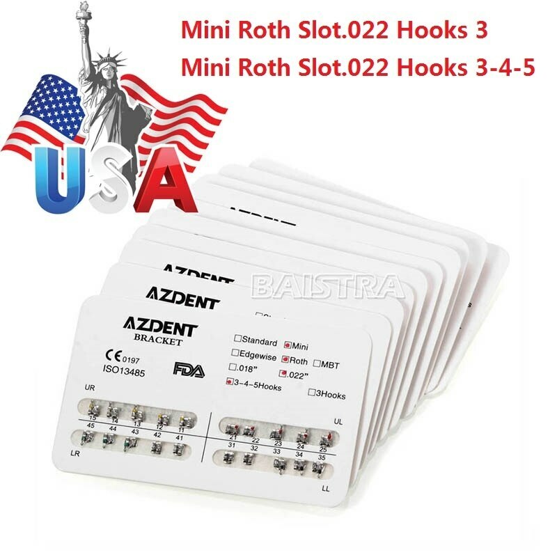 AZDENT Orthodontic Dental Metal Brackets Braces Mini Roth 0.022, Hook3/Hook345