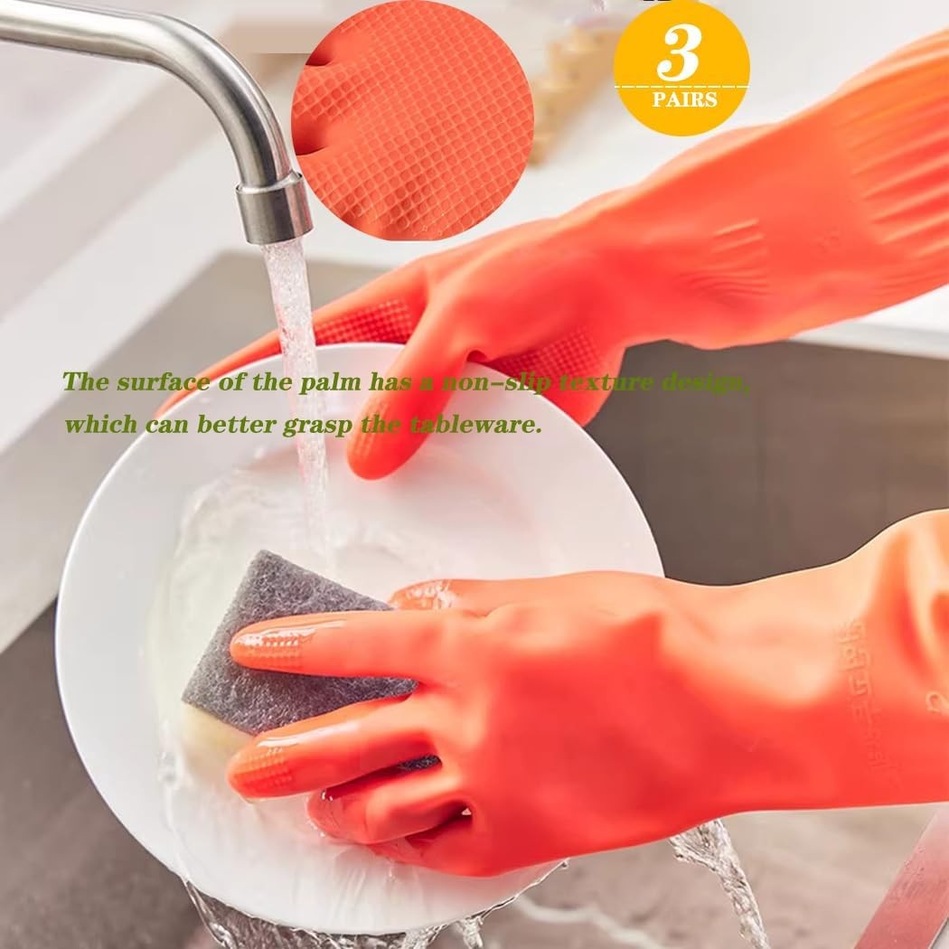 3 Pairs Household Extra Long Kitchen Gloves for Washing Dishes?20.05inches Ru…
