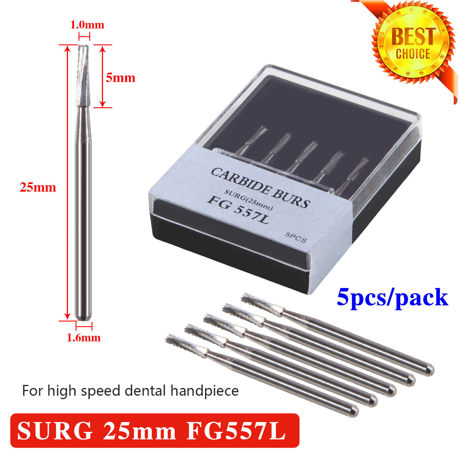 5 boxes Carbide Surgical Burs FG 557L SURG 25mm Bur for High Dental Handpiece US