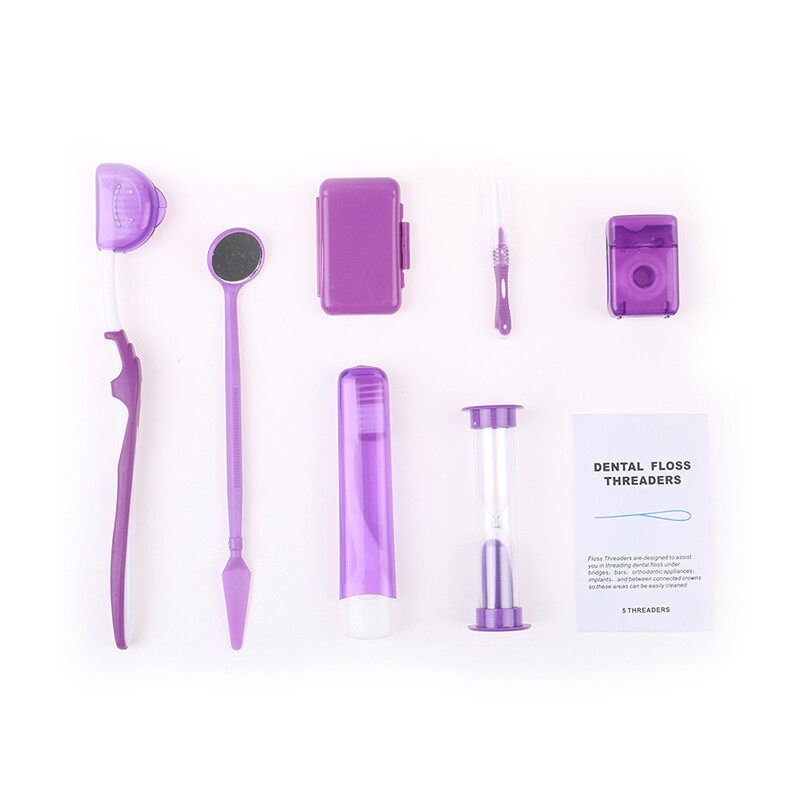 5Kits Dental Wax Mirror Tooth Brush Ties Toothbrush Floss Oral Care Kit Purple