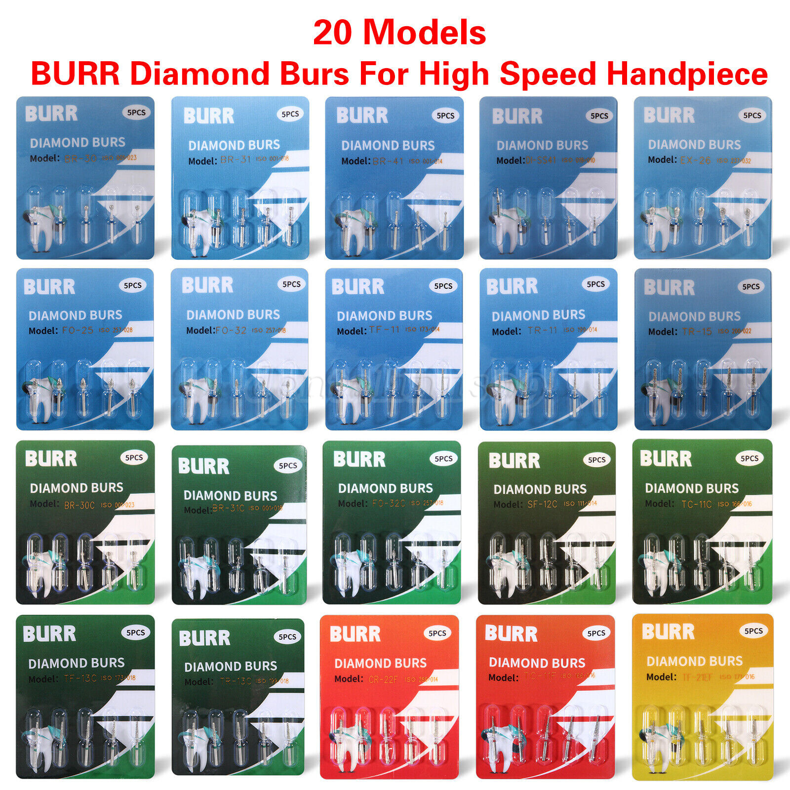 20 Boxes Dental Diamond Burs For High Speed Handpiece FG 1.6MM 20 Types 100pcs