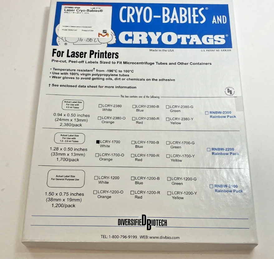 Diversified Biotech Cryo-Babies Cryotags Laser Printer Labels New Sealed
