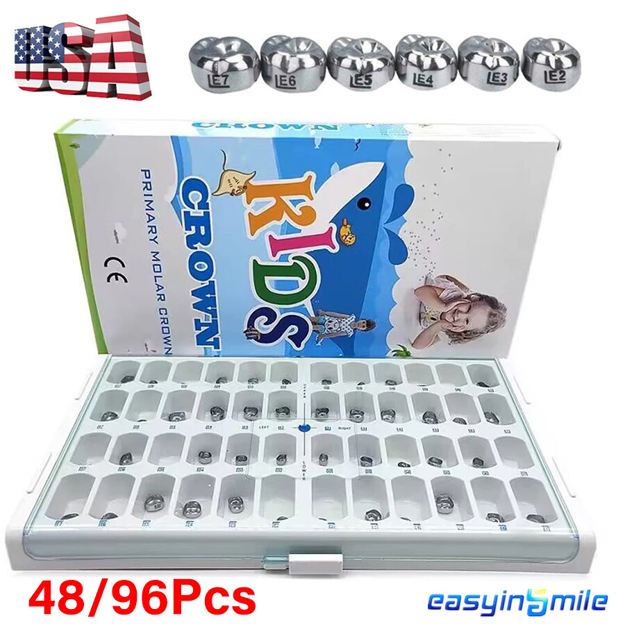 48/96Pc Dental Molar Crown teeth Kit Preformed Stainless Steel Kids/Adult Crowns