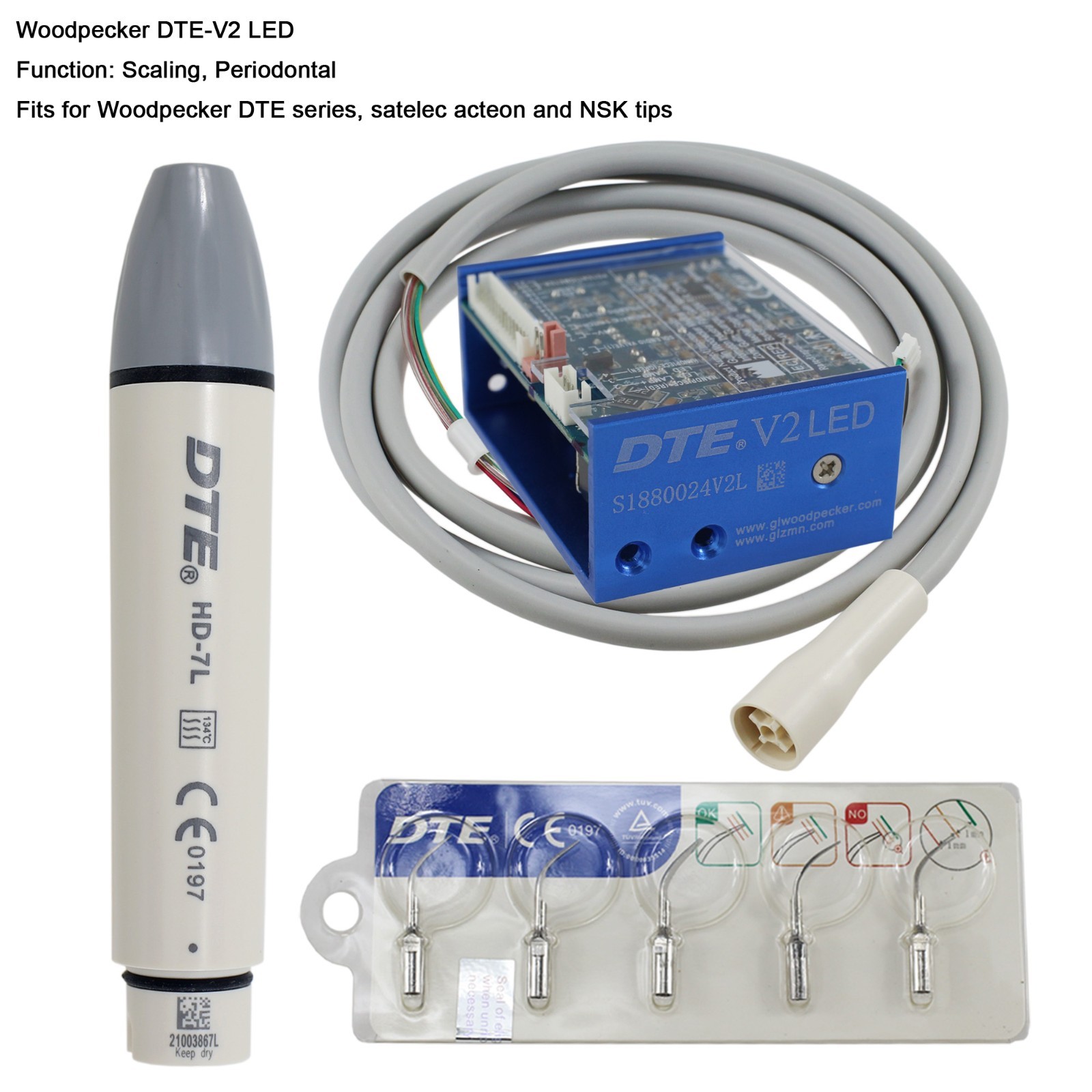 Woodpecker DTE Dental Ultrasonic Scaler LED HD-7L Handpiece ACTEON Piezo Tips H3