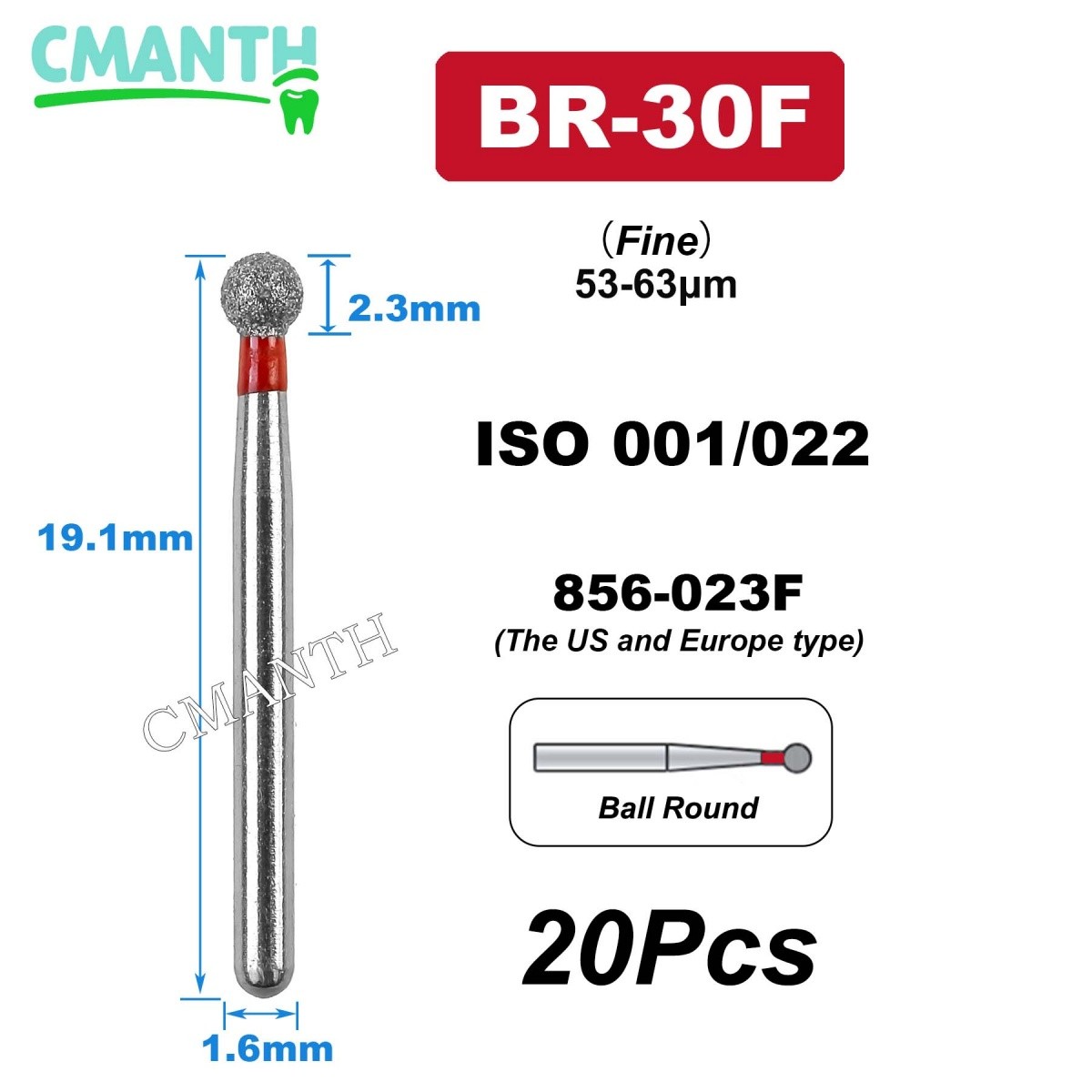 US BR Type Dental Diamond Burs Dentistry Strawberries High Speed Bur 1.6mm 20Pcs