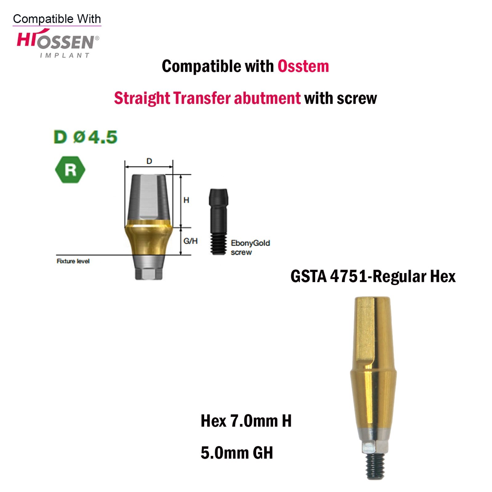 US Dental Straight Transfer Abutment Hex Regular Ø4.5For Osstem Hiossen TS 1-5mm