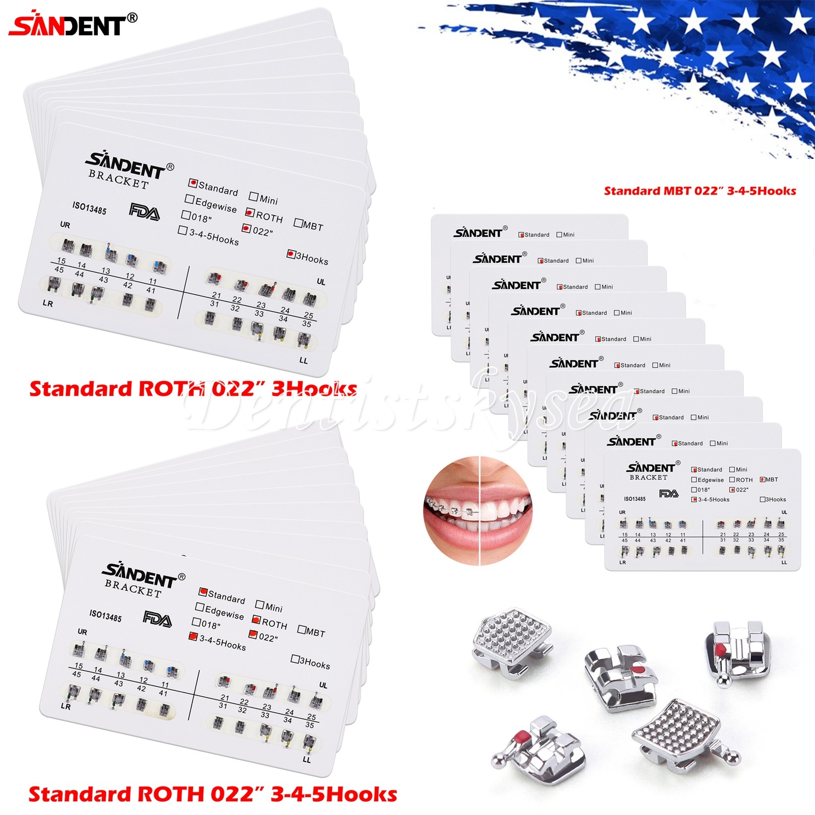 10-100Packs Ortho Metal Bracket Braces Standard Roth/MBT 022 3/345 Hooks ZX