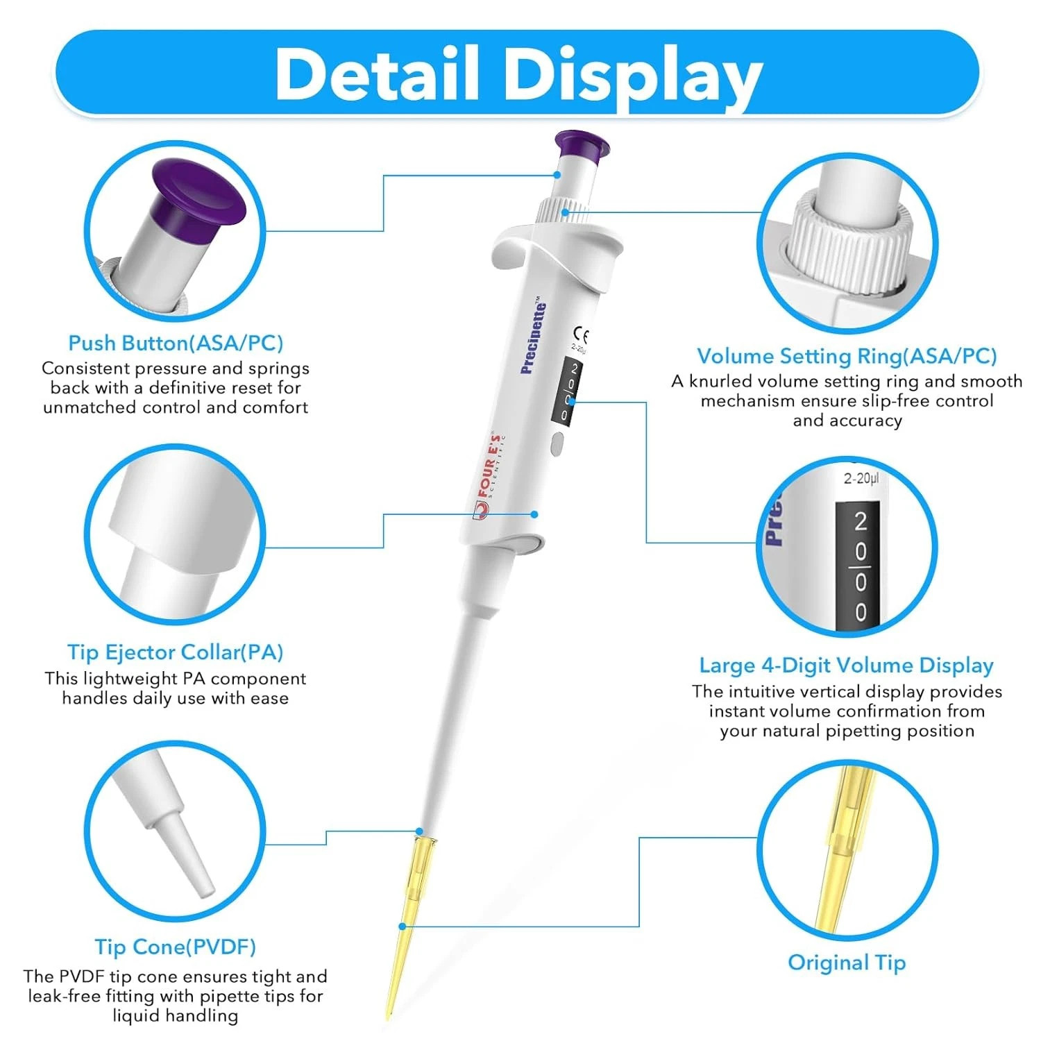 0.1-1000μL Single-Channel Micropipette with Color-Coded Top,9 Specifications,New