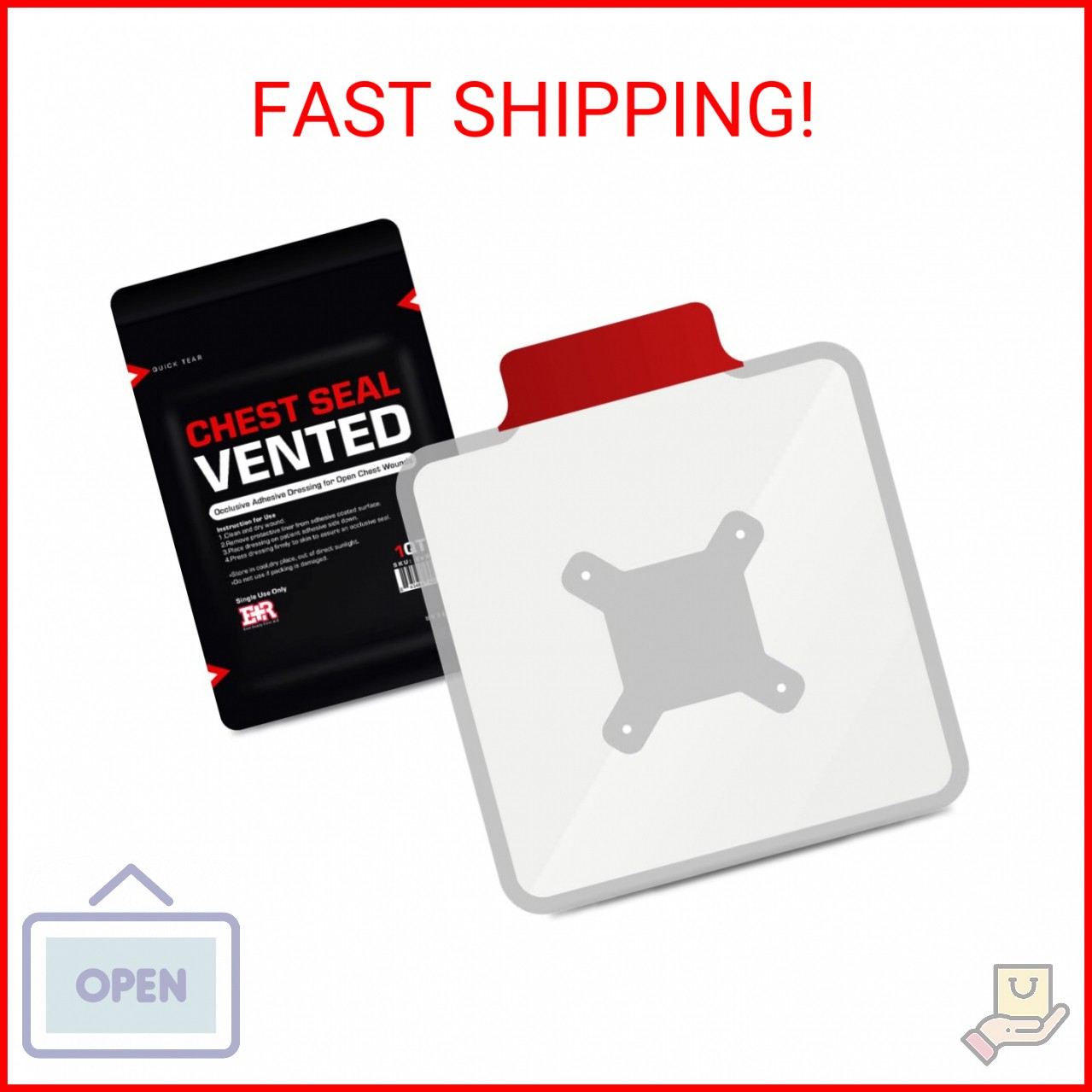 Ever Ready First Aid Vented Chest Seal with Quick Tear – 6.6” Square Occlusive A
