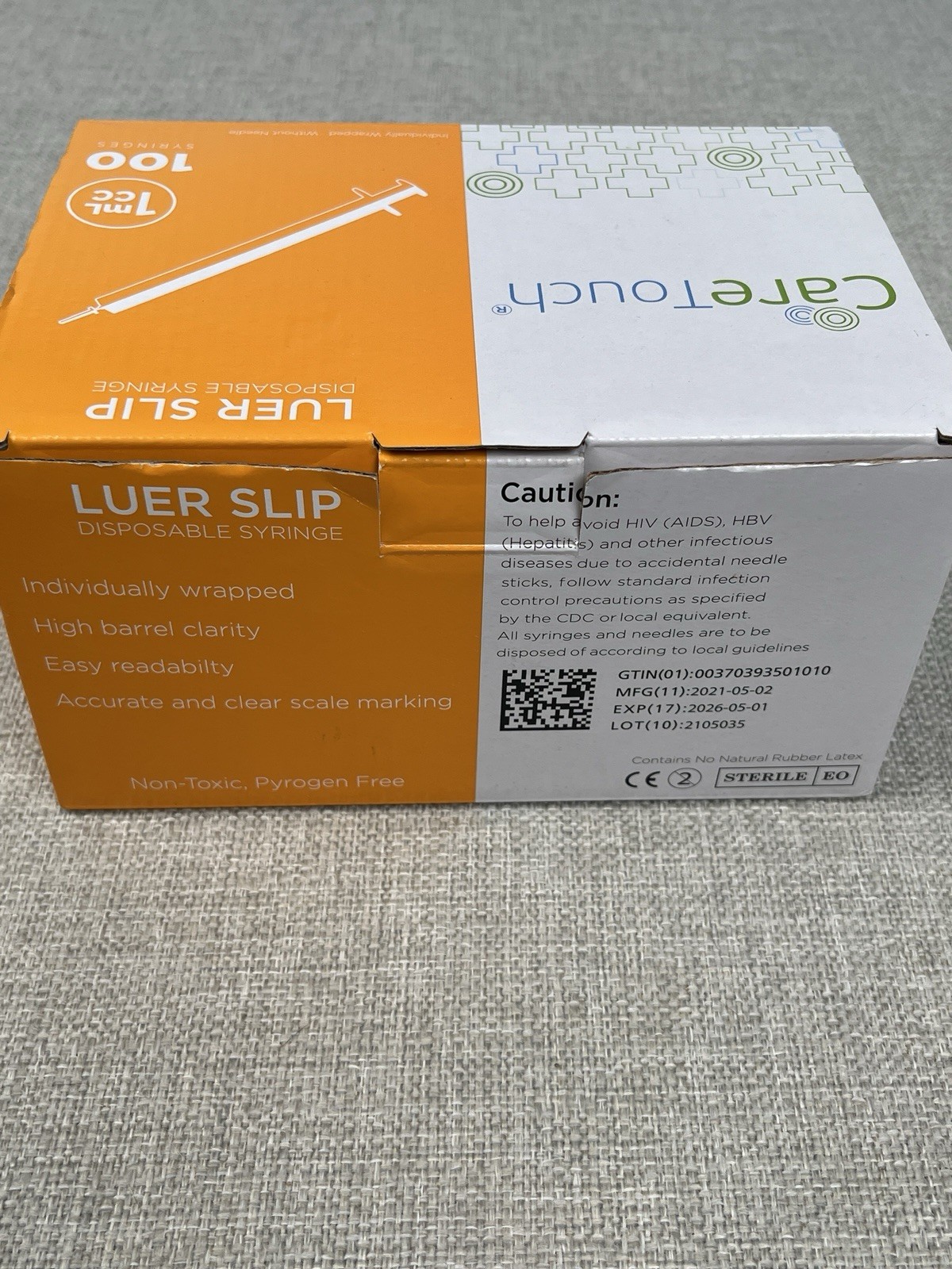 100x CareTouch Luer Lock Disposable Syringes (NO Needle) 1 cc/mL EXP 05/01/2026