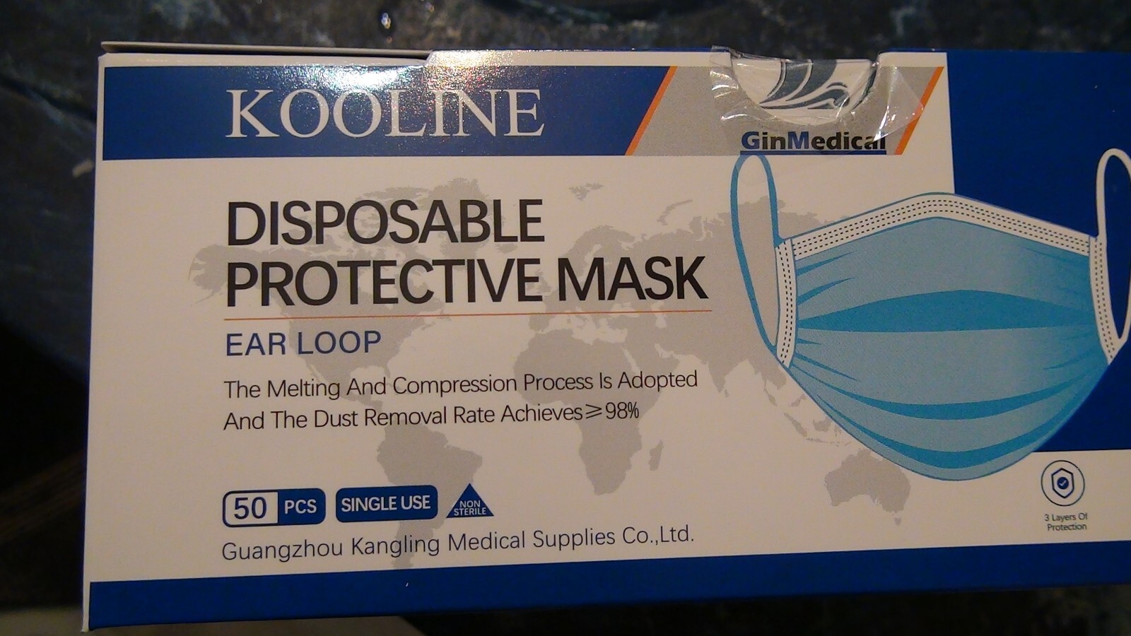 50 Pcs Sealed Disposable 3 Ply Medical Ear-Loop Face Masks ASTM L-1 Blue RFE 98%