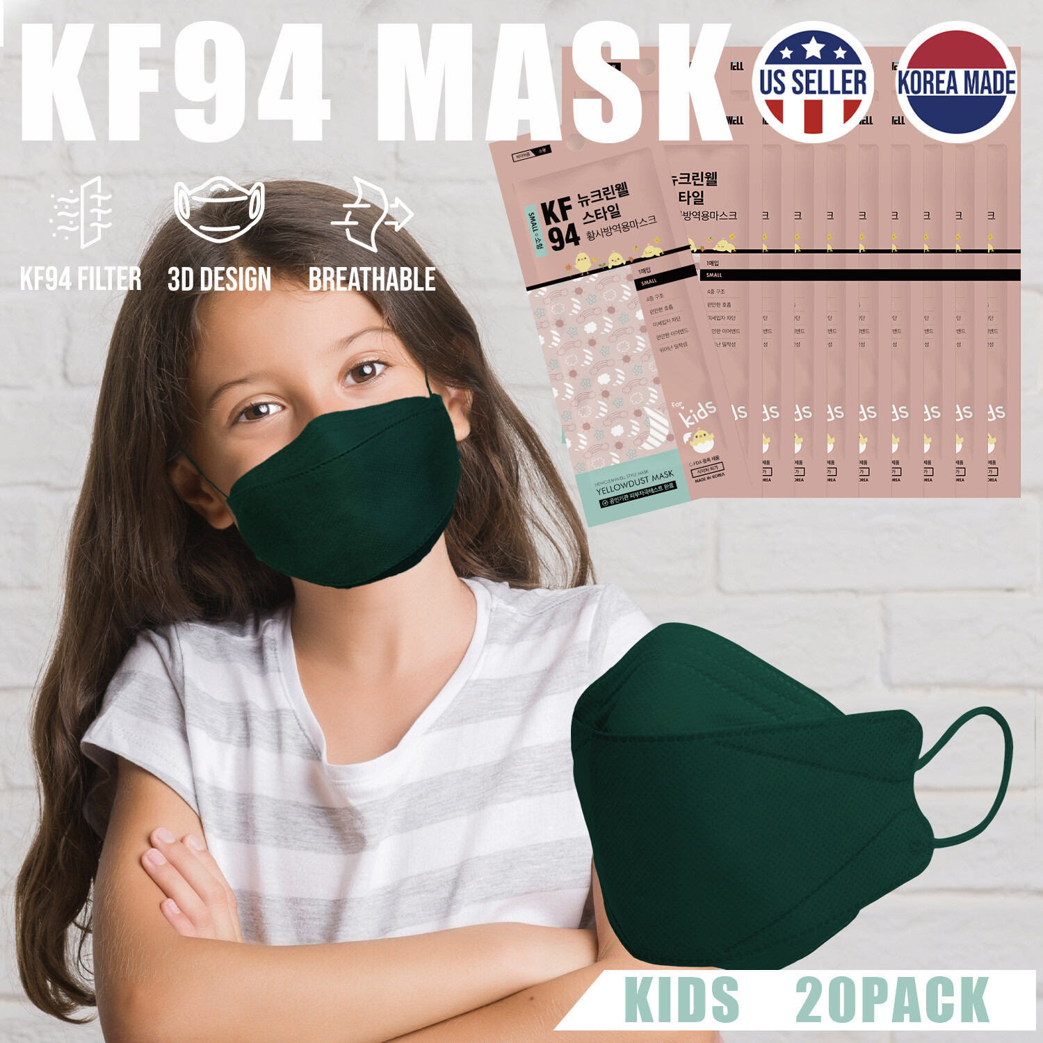 20 PACK! Kids KF94 Green Face Mask Protective Cover Comfortable Breathable