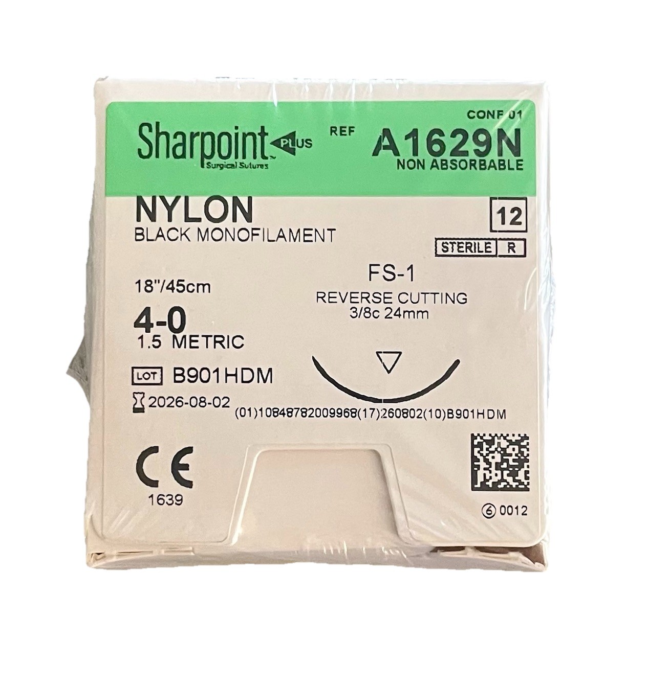 Sharpoint 4-0 Nylon Sutures A1629N FS-1 Reverse Cutting 24mm 3/8c Exp Aug 2026