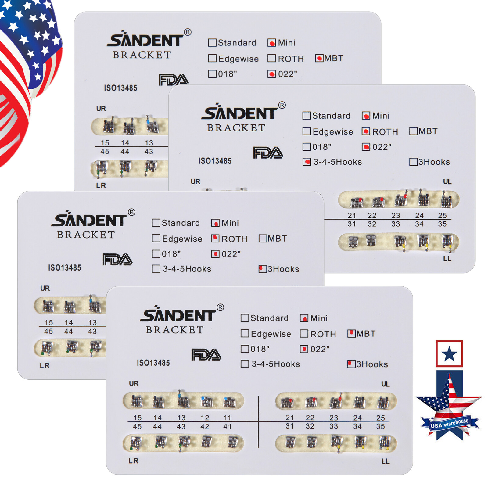 10 Packs/200pcs Dental Metal Bracket Brace Mini Roth / MBT Slot 022 345/3 Hooks