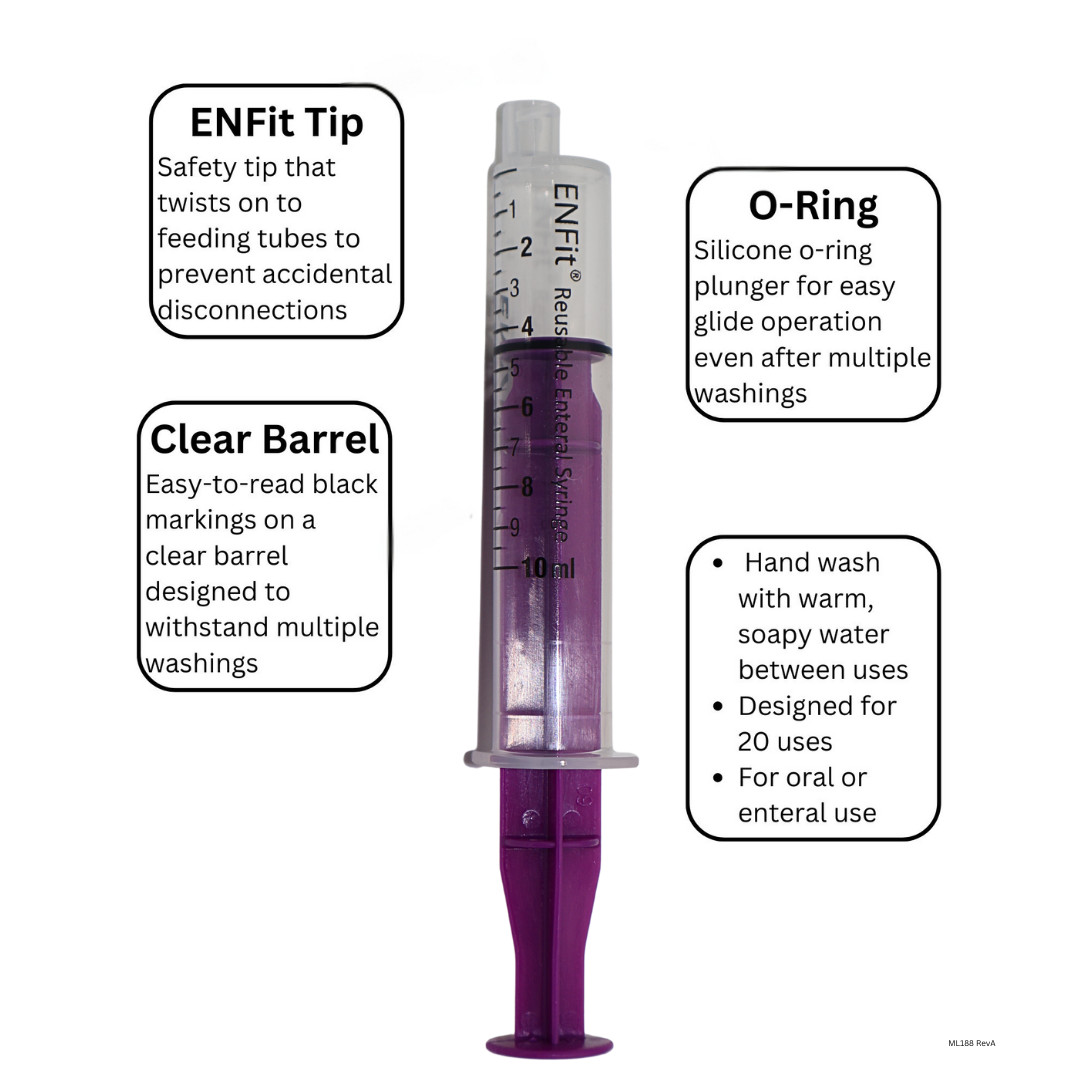 ENFit syringe, 10mL, O-Ring, Reusable Easy Glide Plunger, Pack of 25