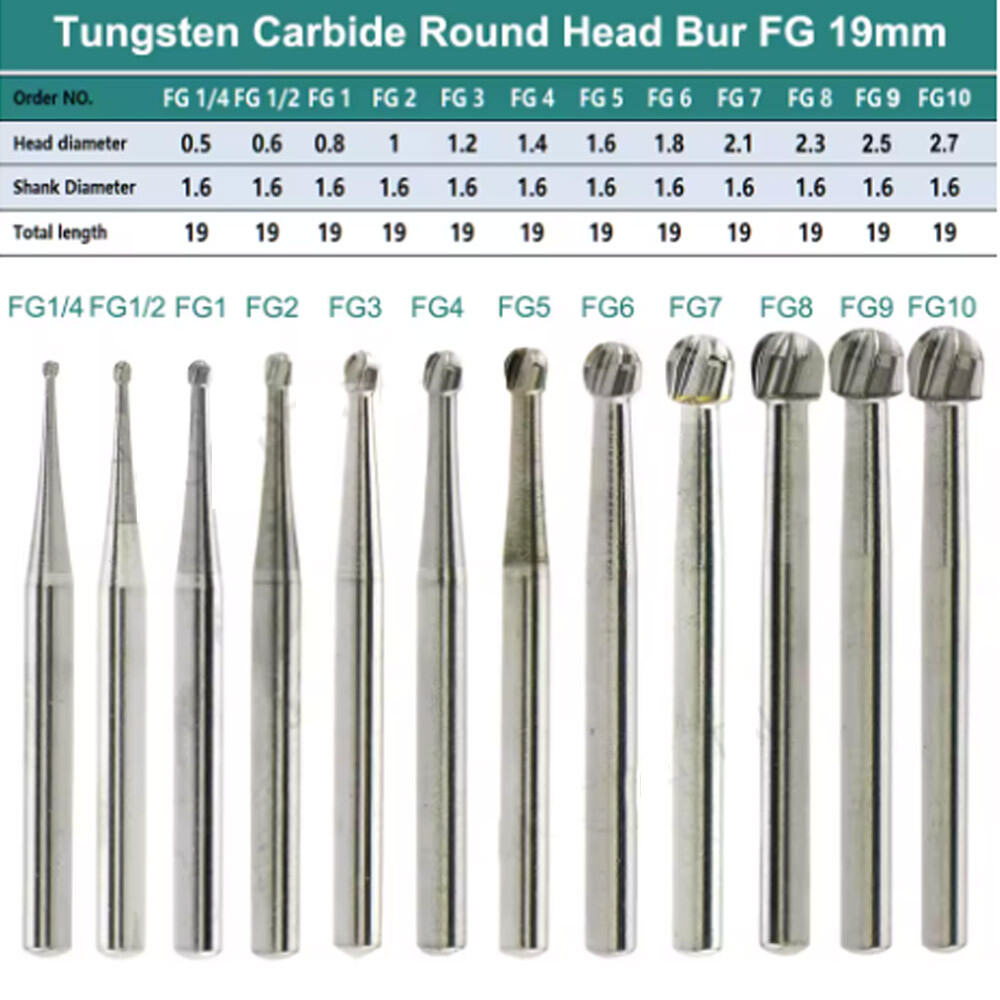 10× Dental Carbide Tungsten Steel Drills Burs FG Burr for High-Speed Handpiece