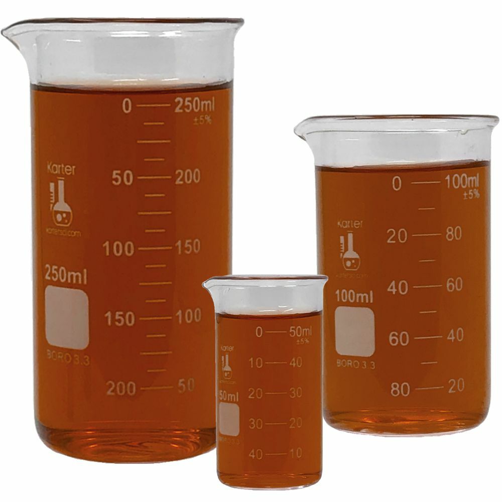 Glass Beaker Set, 50/100/250ml, Tall Form, Graduated, Karter Scientific 213F18