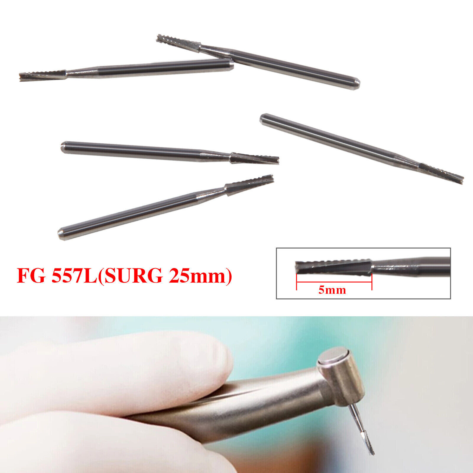 5 boxes Carbide Surgical Burs FG 557L SURG 25mm Bur for High Dental Handpiece US
