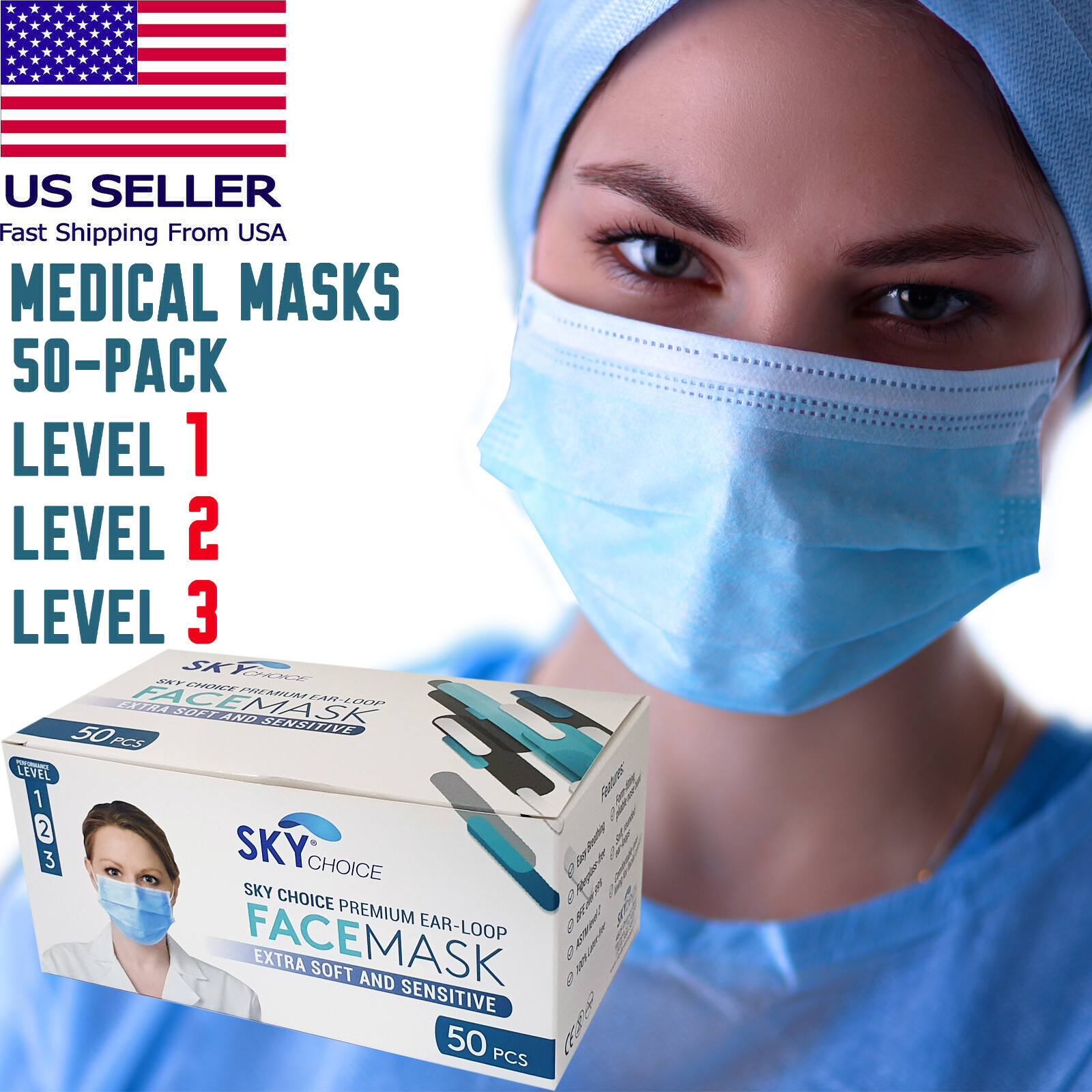 Surgical Masks Disposable Elastic Ear Loop Dental Mask 50PK Level 1 2 3 Medical