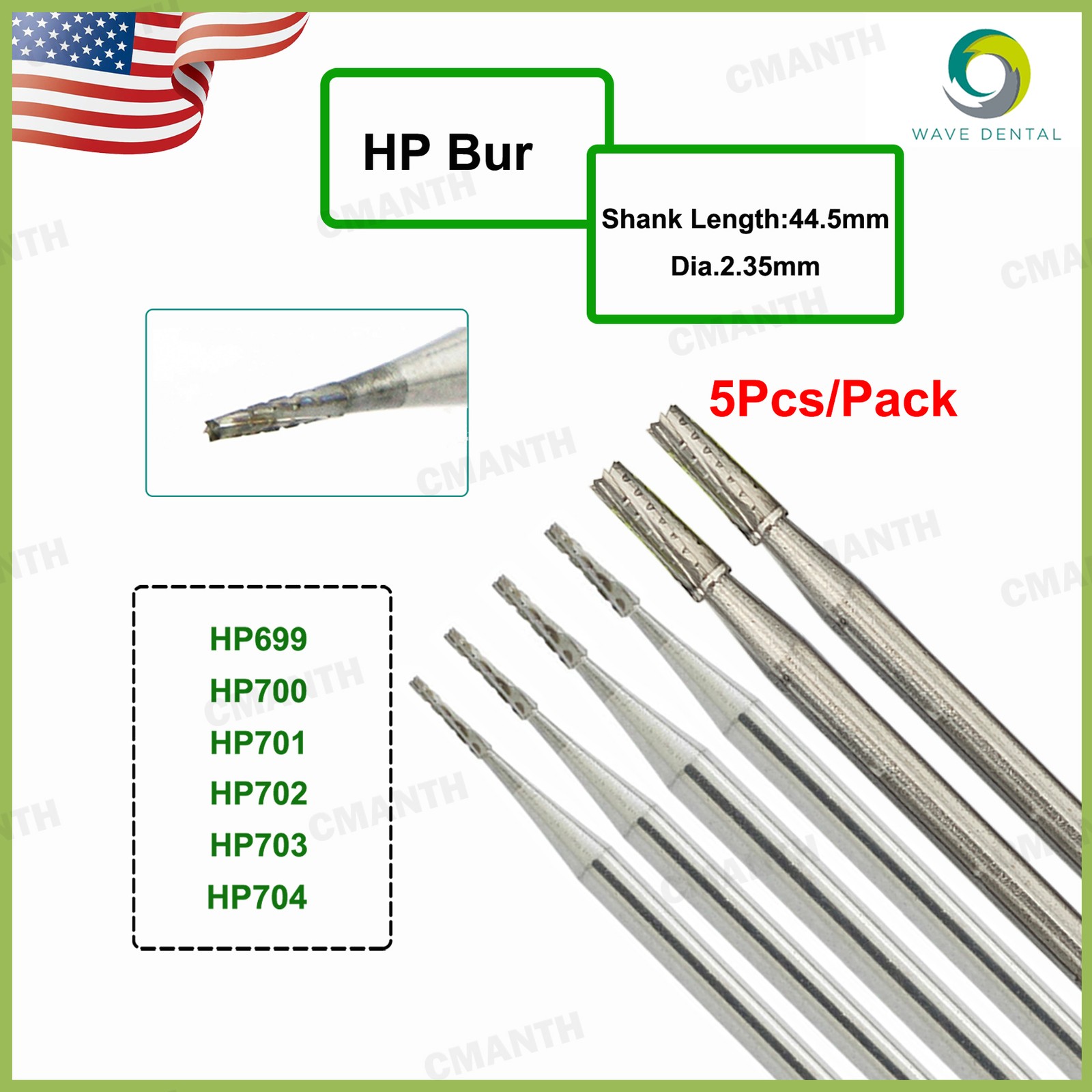US WAVE Dental Carbide Burs HP Tapered Fissere Fit Low Speed Straight Handpiece