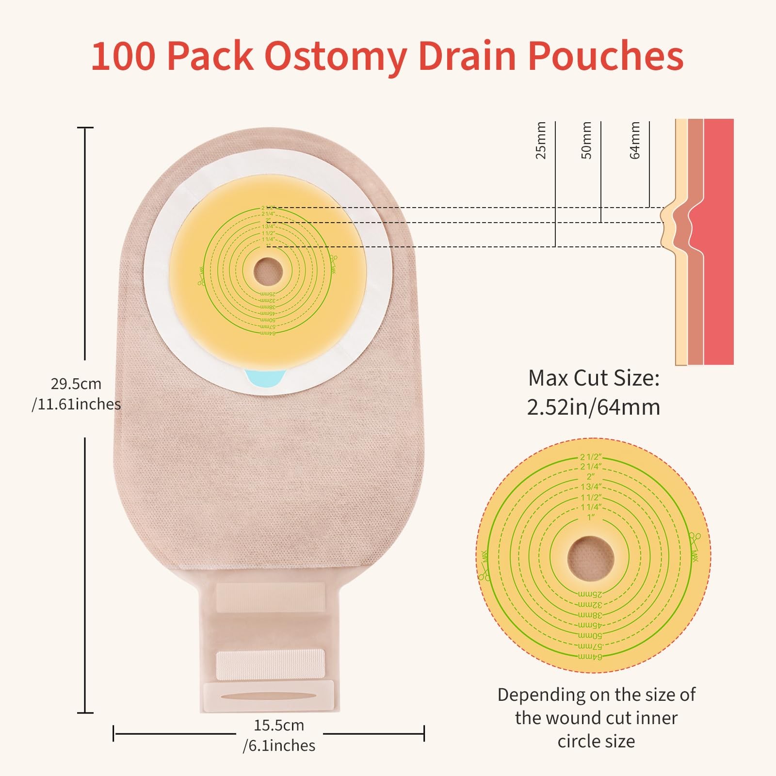 Deraymi 100 Pcs Colostomy Bags One-Piece Ostomy Bag Hook And Loop Closure For