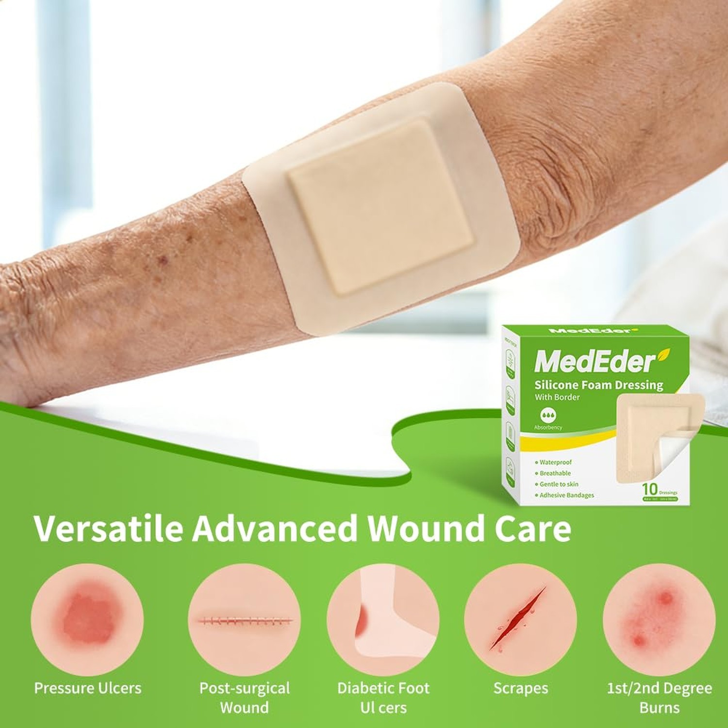 Silicone Foam Dressing 4×4 with Border – 10 Pack Waterproof Wound Dressing Ba…
