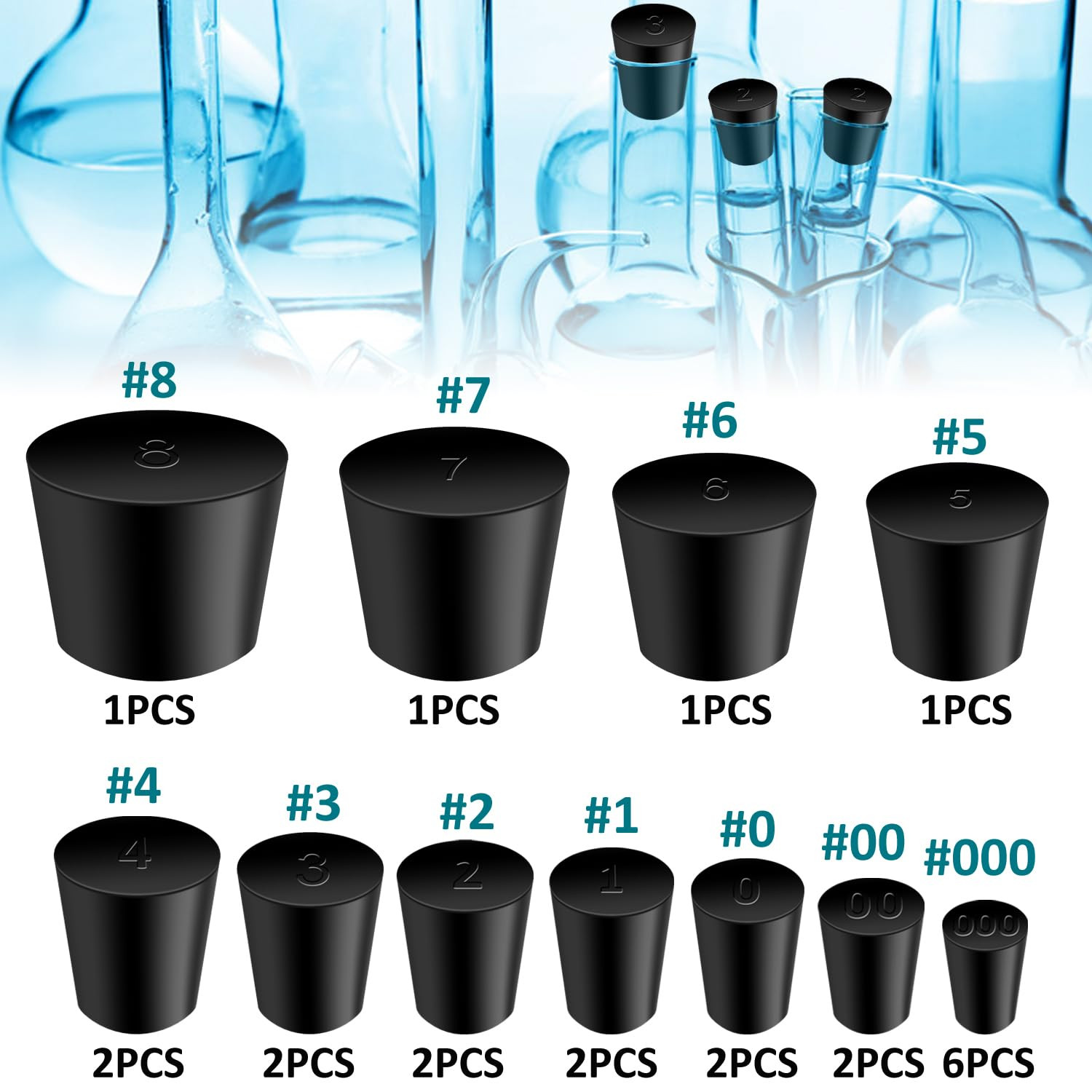 22 Pcs Rubber Stoppers Set 11 Sizes 000#-8# Tapered Lab Bottle Pipe Seal