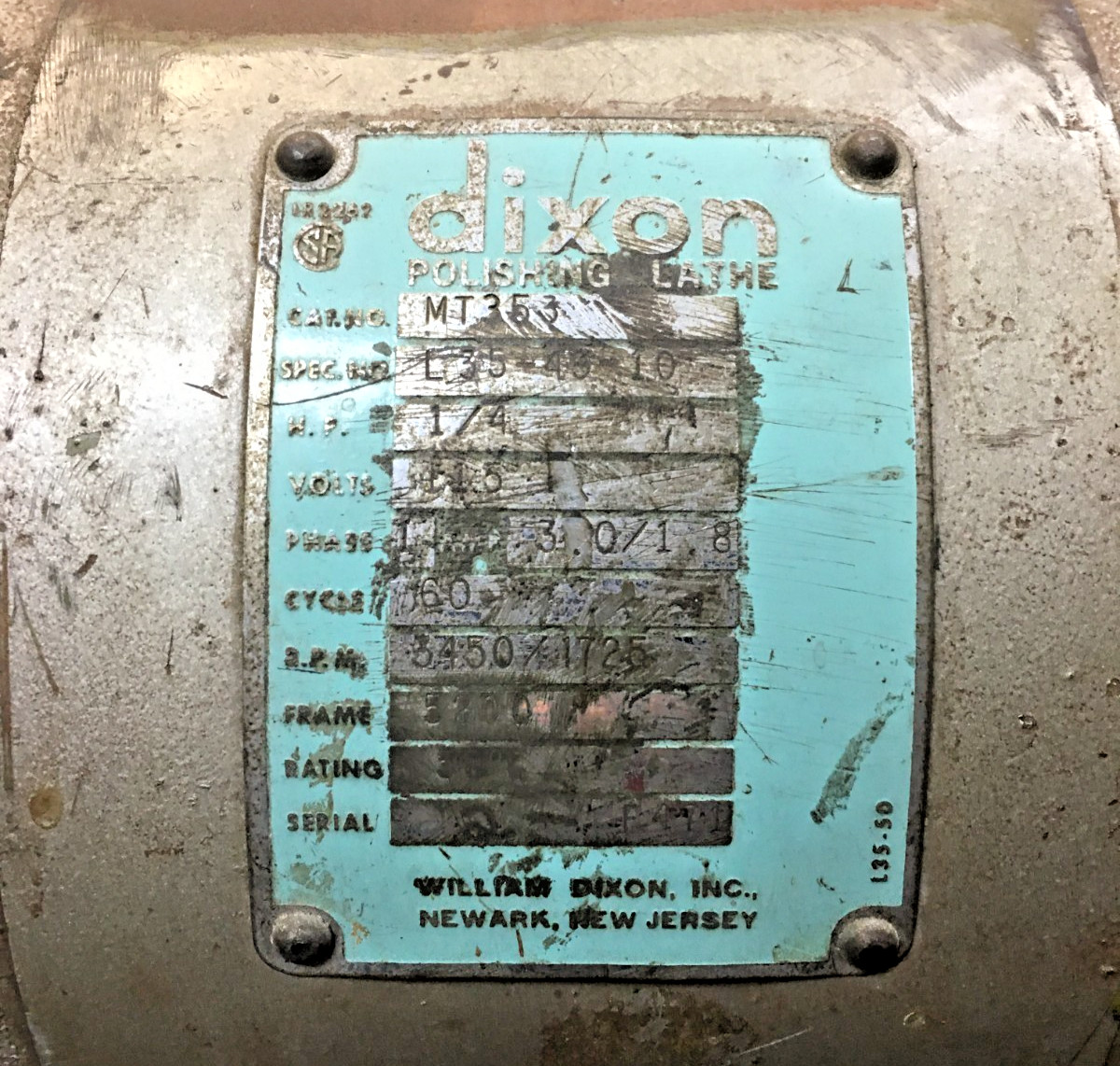 DIXON POLISHING LATHE MODEL MT 353, 1/4 HP, 60 CYCLE, 1725-3450 RPM,TURNS ON,USA